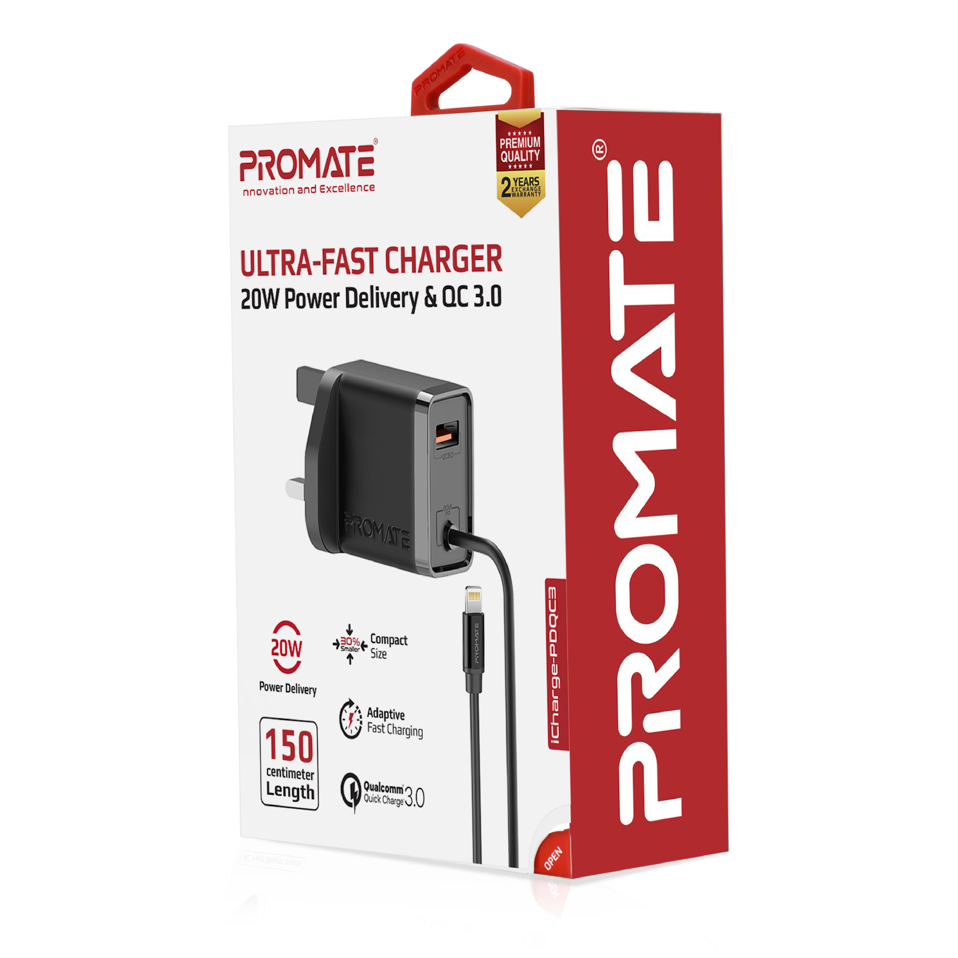 Cargador ultra rápido Promate en una caja. Es negro, con un puerto USB y tiene un cable de carga.