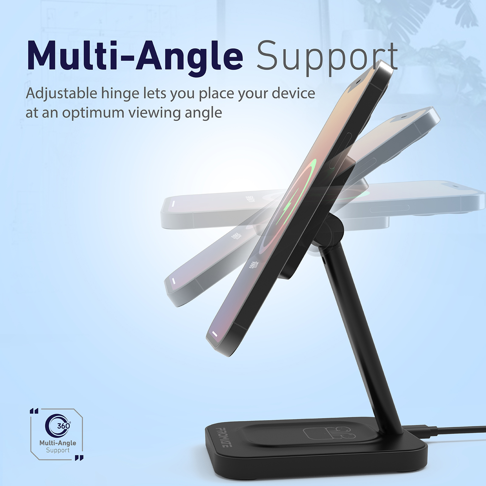 Teléfono en un soporte negro con ángulo ajustable. Muestra un teléfono cargando.