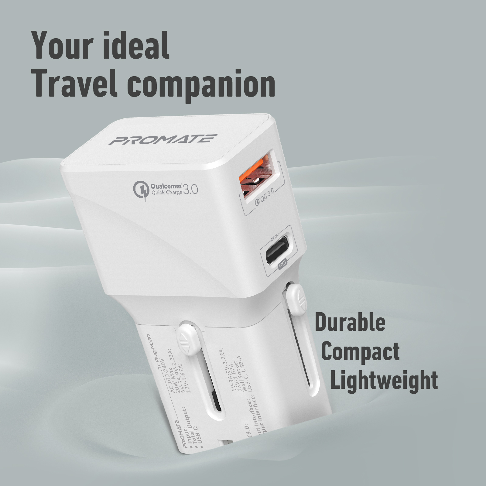 Cargador blanco con múltiples enchufes y logotipo. Etiqueta Qualcomm Quick Charge 3.0. Compacto.