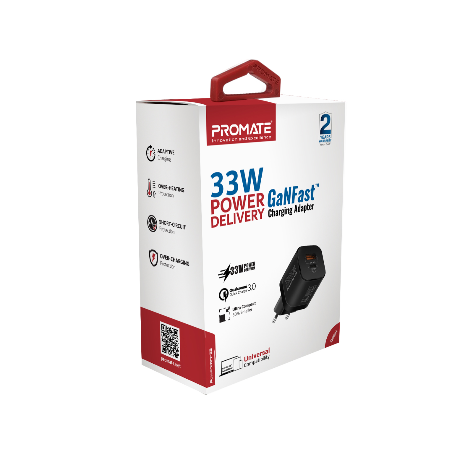 Caja de un adaptador de carga, con el texto '33W POWER GaNFast DELIVERY'.