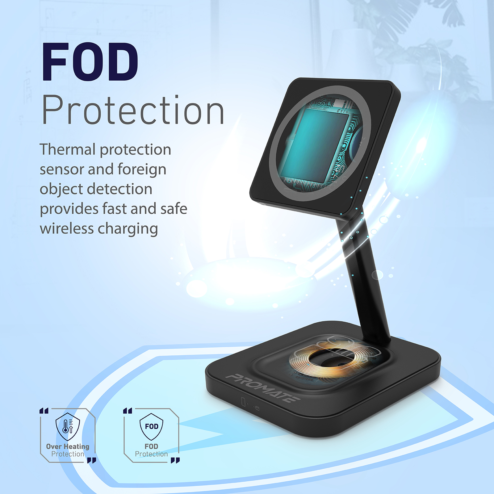 Soporte de carga inalámbrico negro con teléfono, texto sobre protección FOD.