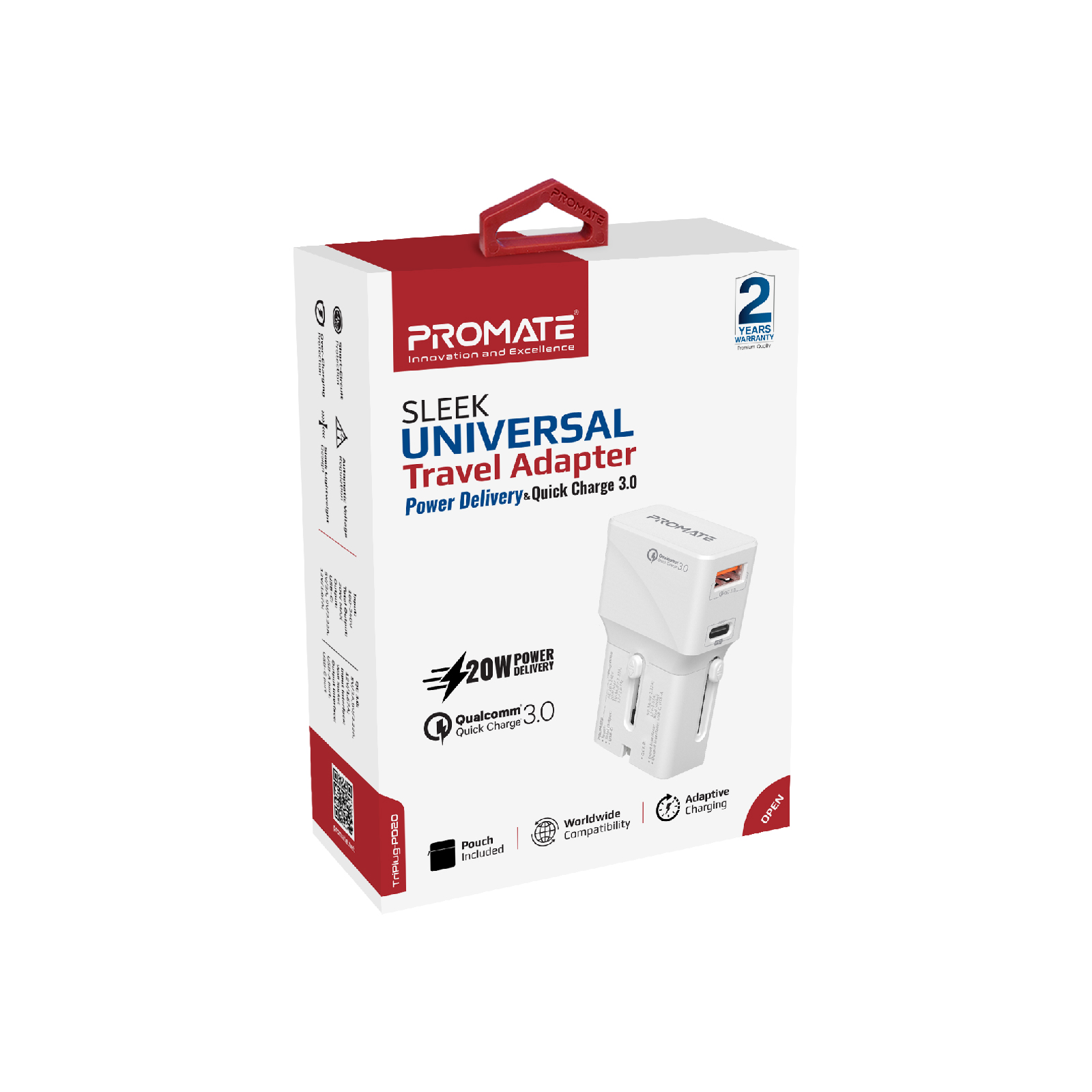 Caja de adaptador de viaje blanca y roja. Presenta Promate y detalles del producto.