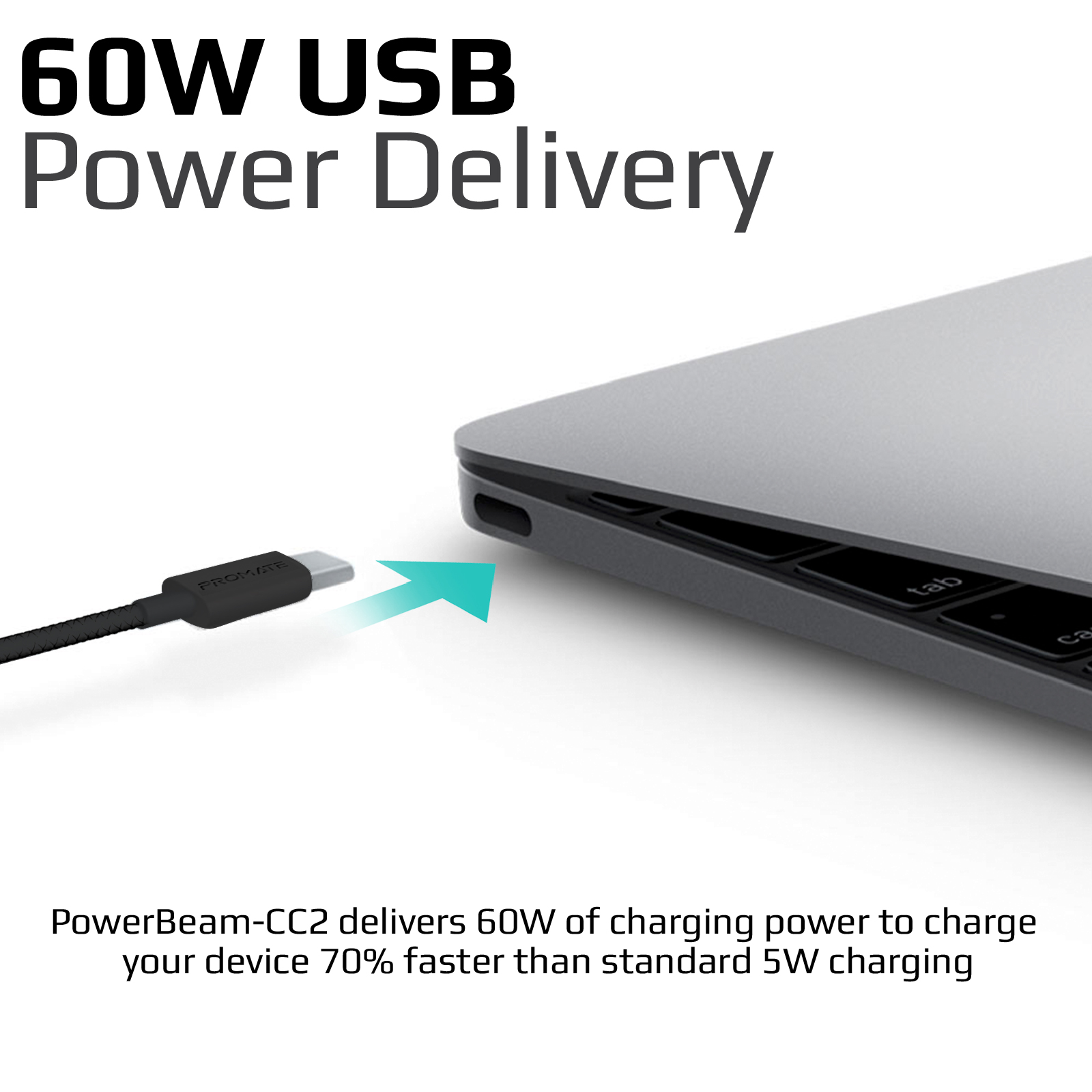 Portátil con cable de carga conectado, mostrando '60W USB Power Delivery'.