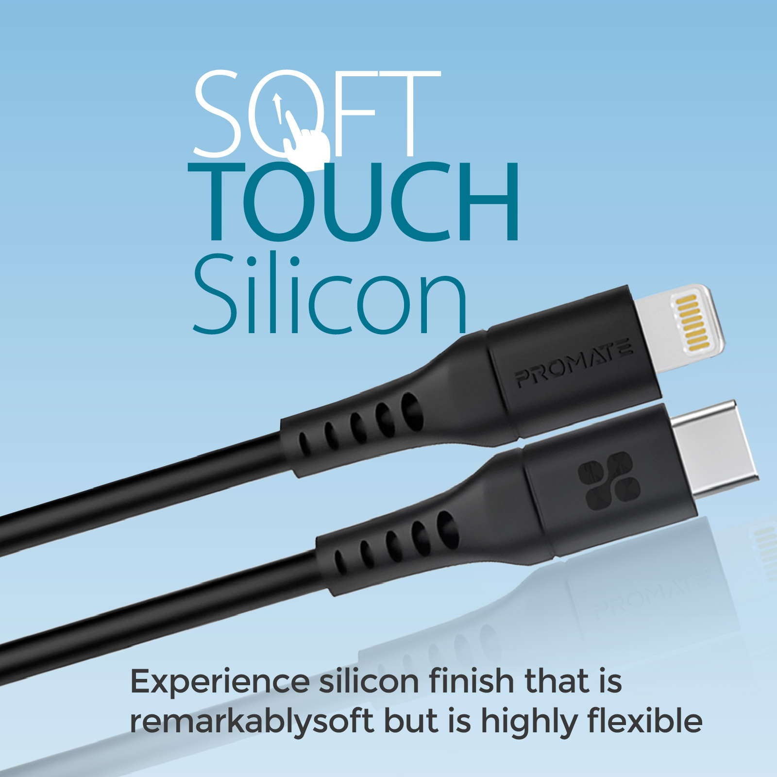 Cable de carga negro con conectores Lightning y USB-C.