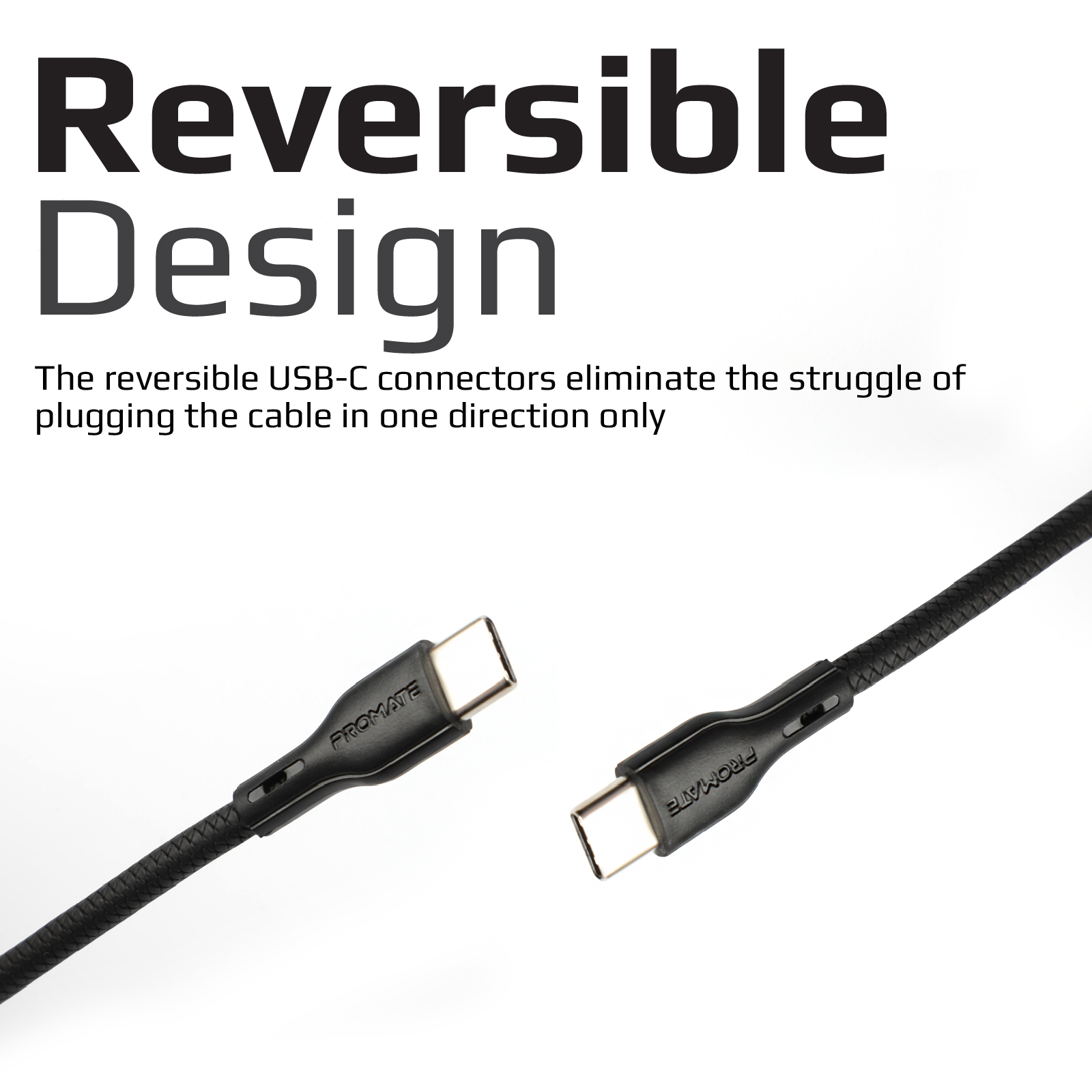 Primer plano de dos conectores USB-C negros. Etiquetados con la marca Promate.