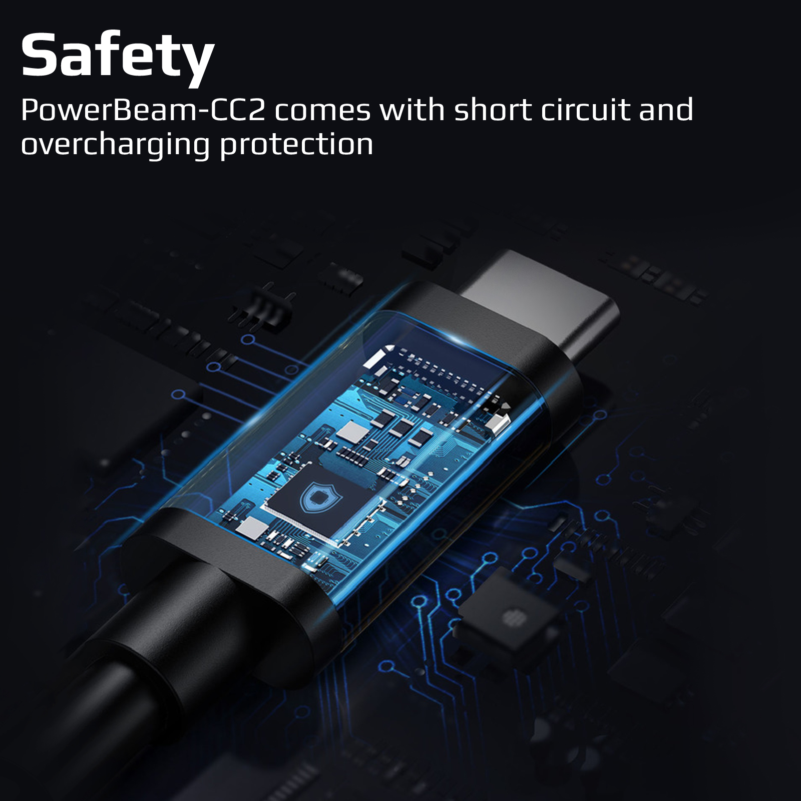 Primer plano de cable USB-C negro, mostrando el circuito interno.