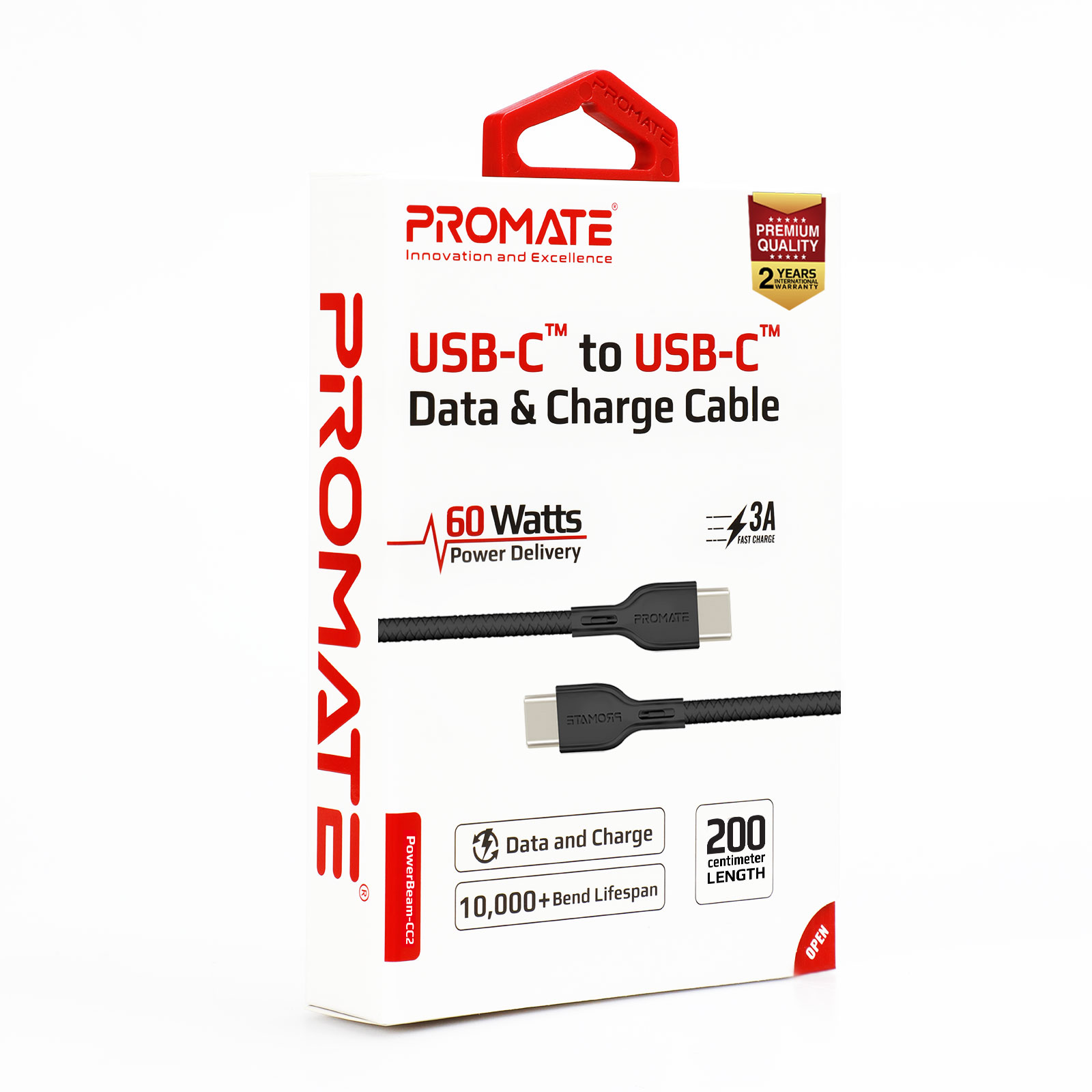 Caja de cable de datos y carga Promate USB-C a USB-C, con el cable y las características.