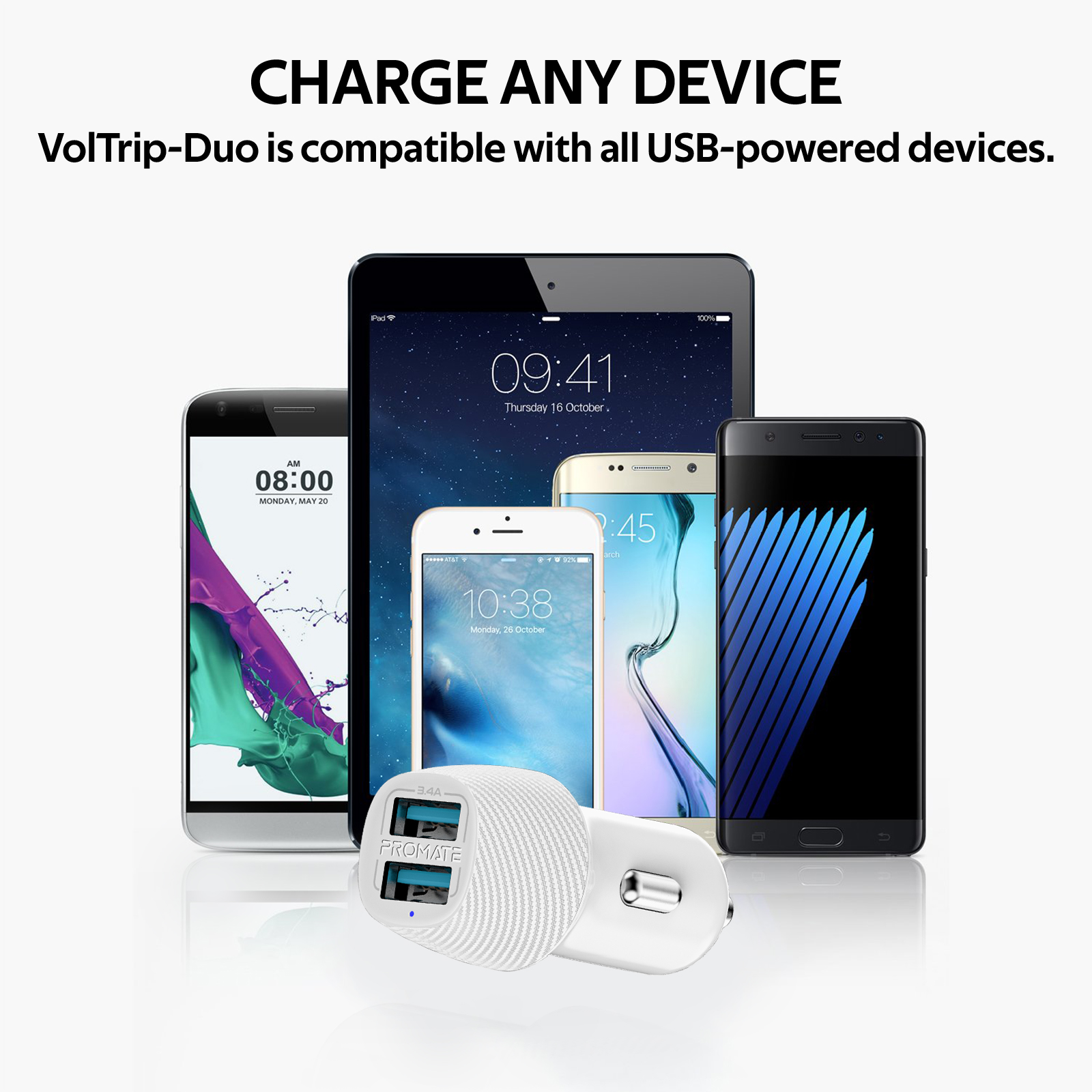 Un cargador Promate con múltiples dispositivos, incluidos teléfonos y tabletas, sobre un fondo blanco.
