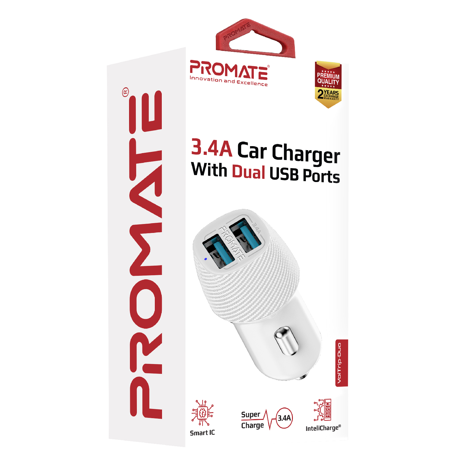 Cargador de coche Promate blanco con dos puertos USB en una caja blanca. La caja tiene el logotipo de Promate y otro texto.
