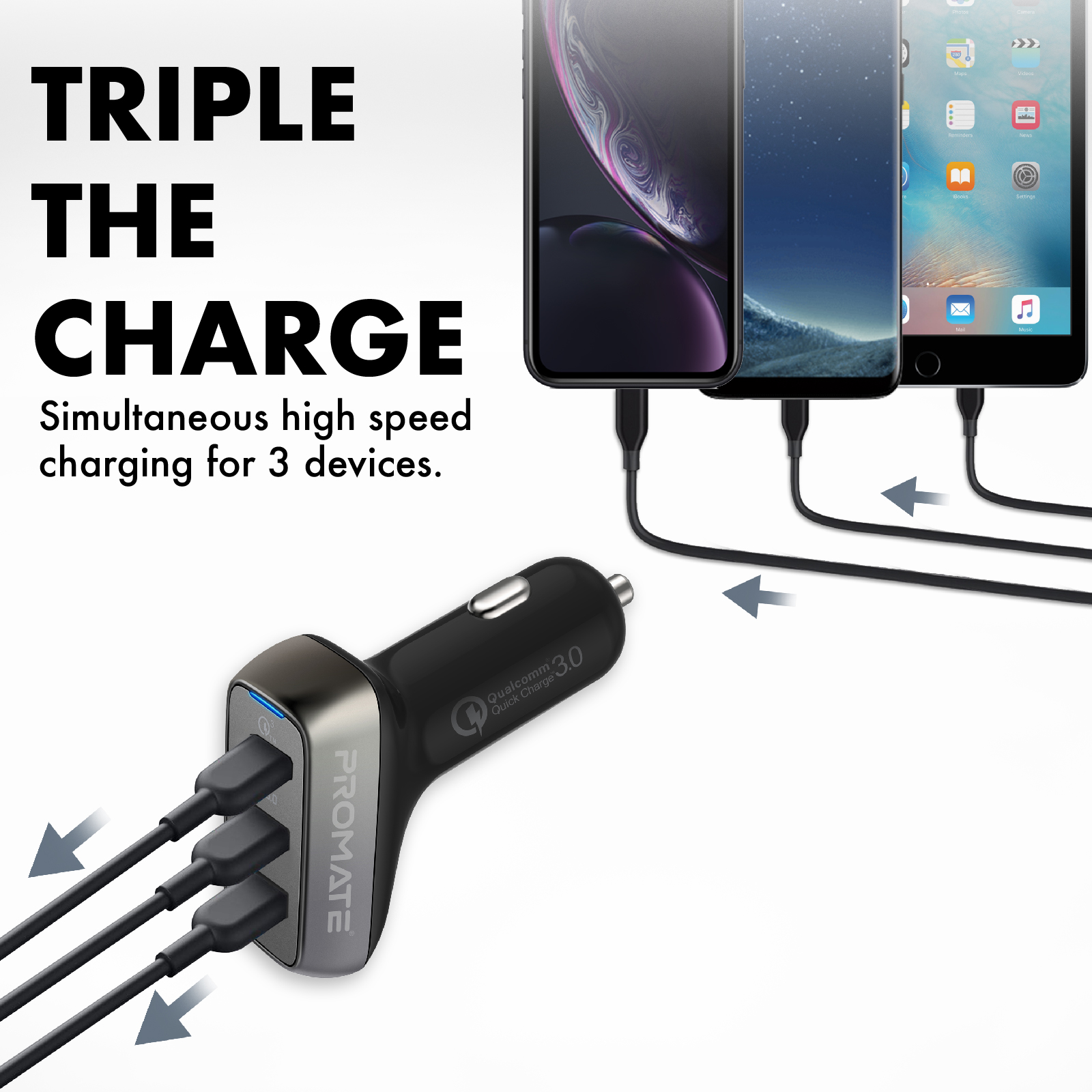Cargador de coche con tres puertos USB cargando tres teléfonos. Flechas indican la carga.