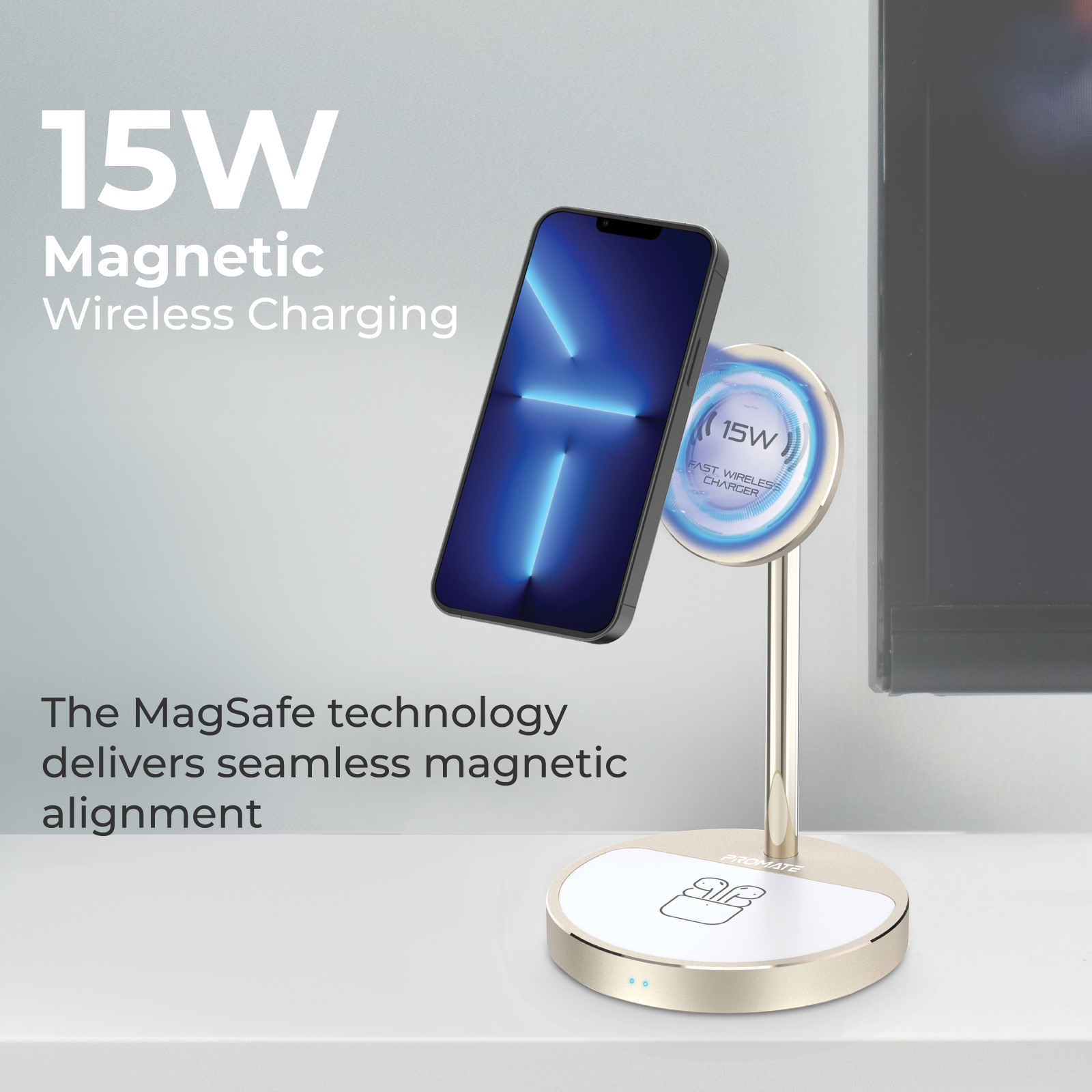 Un teléfono cargando de forma inalámbrica en un soporte dorado con base blanca.