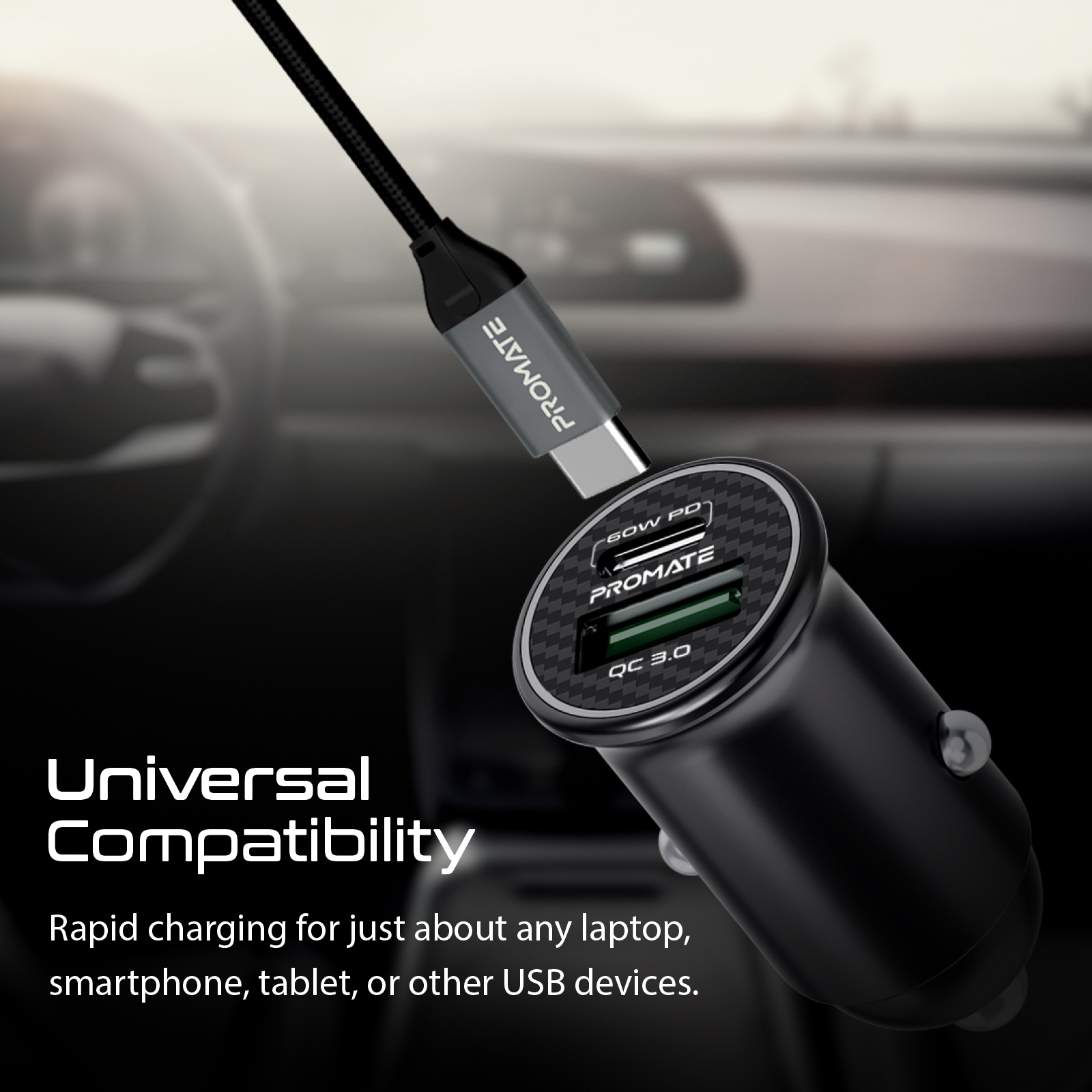 Cargador de coche negro con cable USB-C y teléfono. Texto: Compatibilidad Universal, Promate.