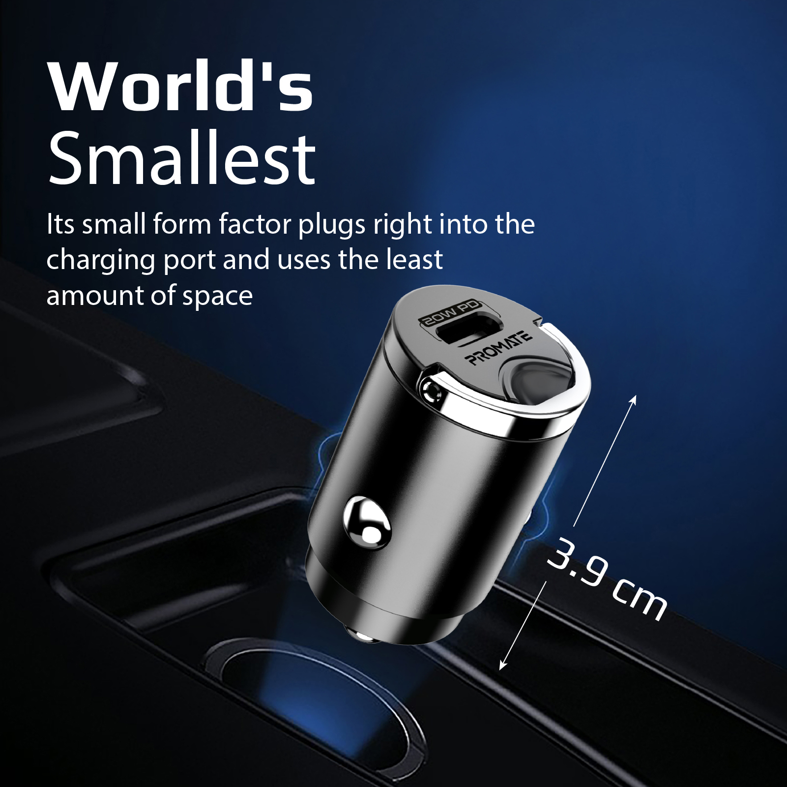 Un cargador de coche negro y plateado con texto, 'World's Smallest' y 'PROMATE'.
