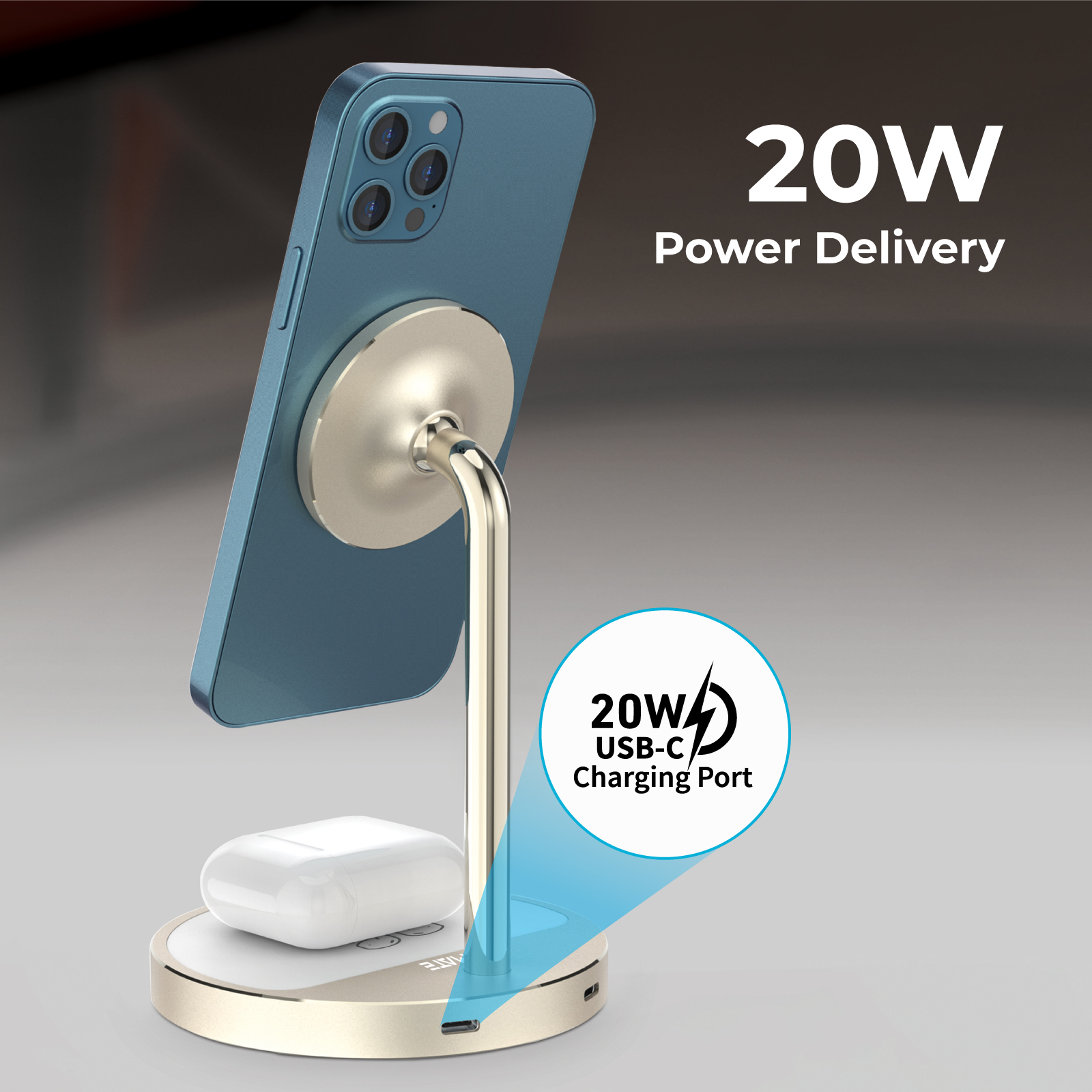 Soporte de carga con teléfono y auriculares cargando, texto de entrega de energía.
