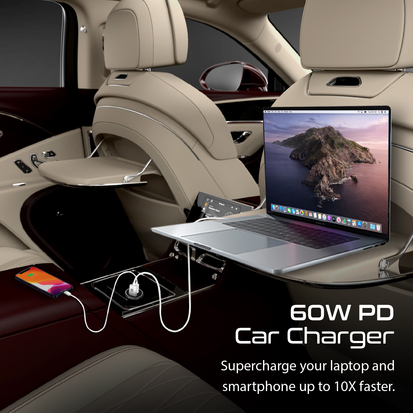 Interior de coche con portátil y carga de teléfono. Cargador de coche 60W PD.