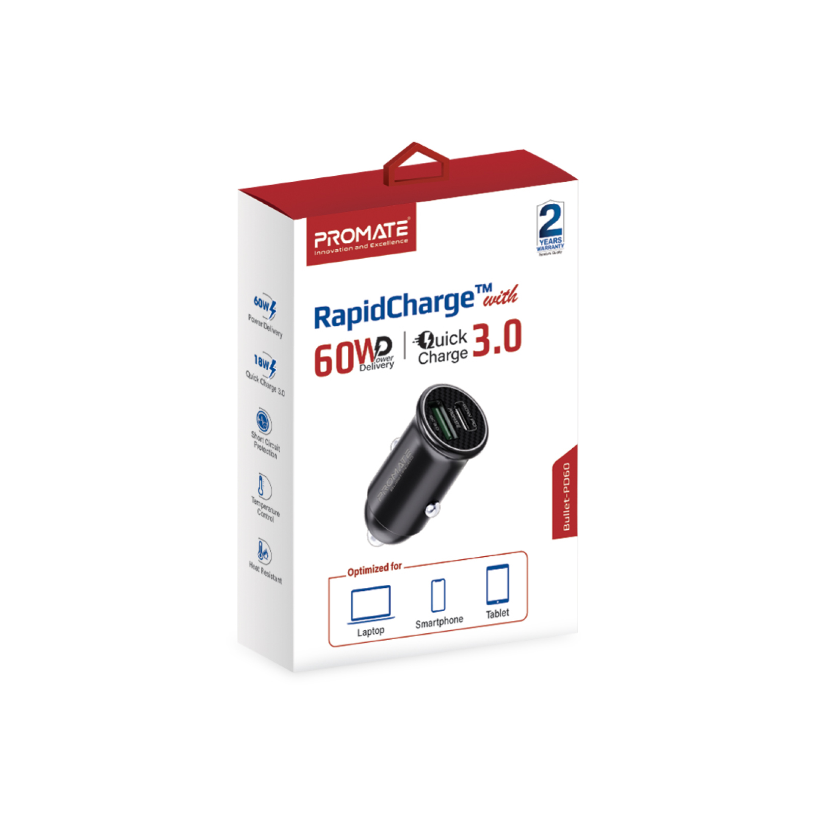 Caja cargador de coche con texto RapidCharge 60W y 60W Delivery. Quick Charge 3.0 y más.