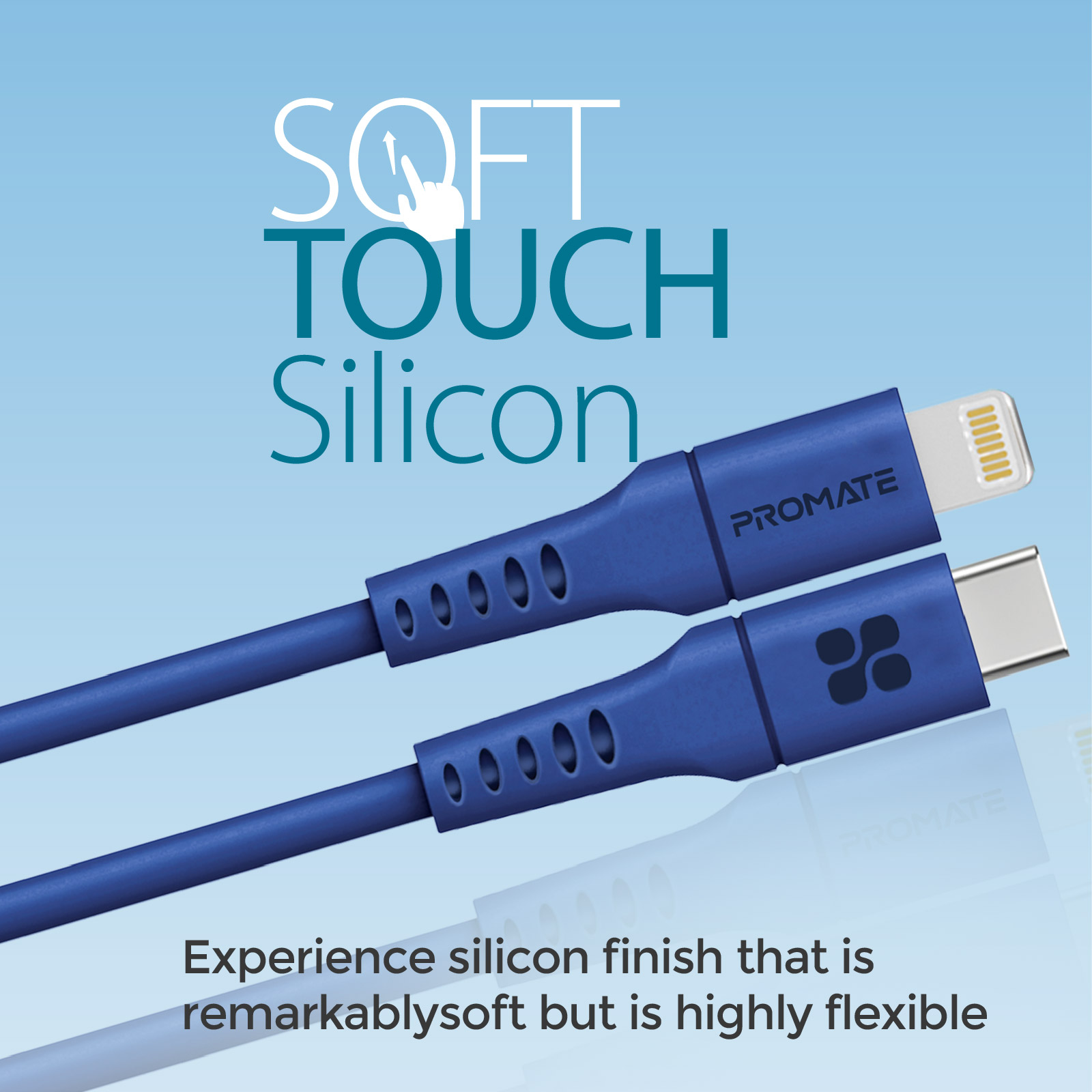Cable de carga azul con conectores Lightning y USB-C y marca en un fondo degradado.
