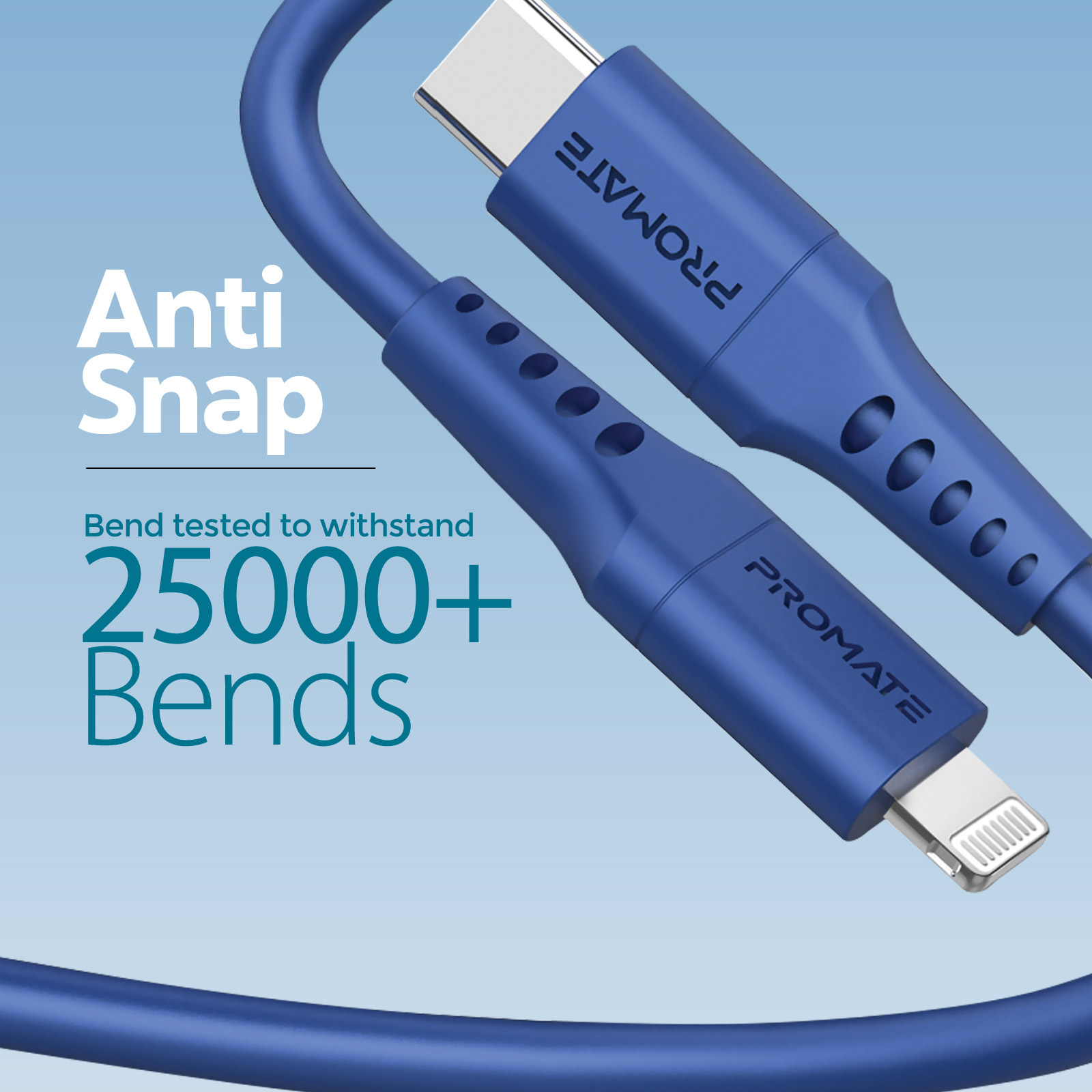 Cables de carga azules. Uno tiene un conector USB-C, el otro un conector Lightning.