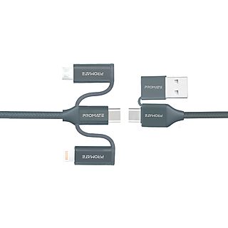 Cable de Carga Multifuncional 6 en 1 Lightning, USB-C, Micro USB a USB-A y USB-C - PROMATE Pentapower Carga Rápida y Sincronización de Datos 60W.1,2 M, USB-C, Gris