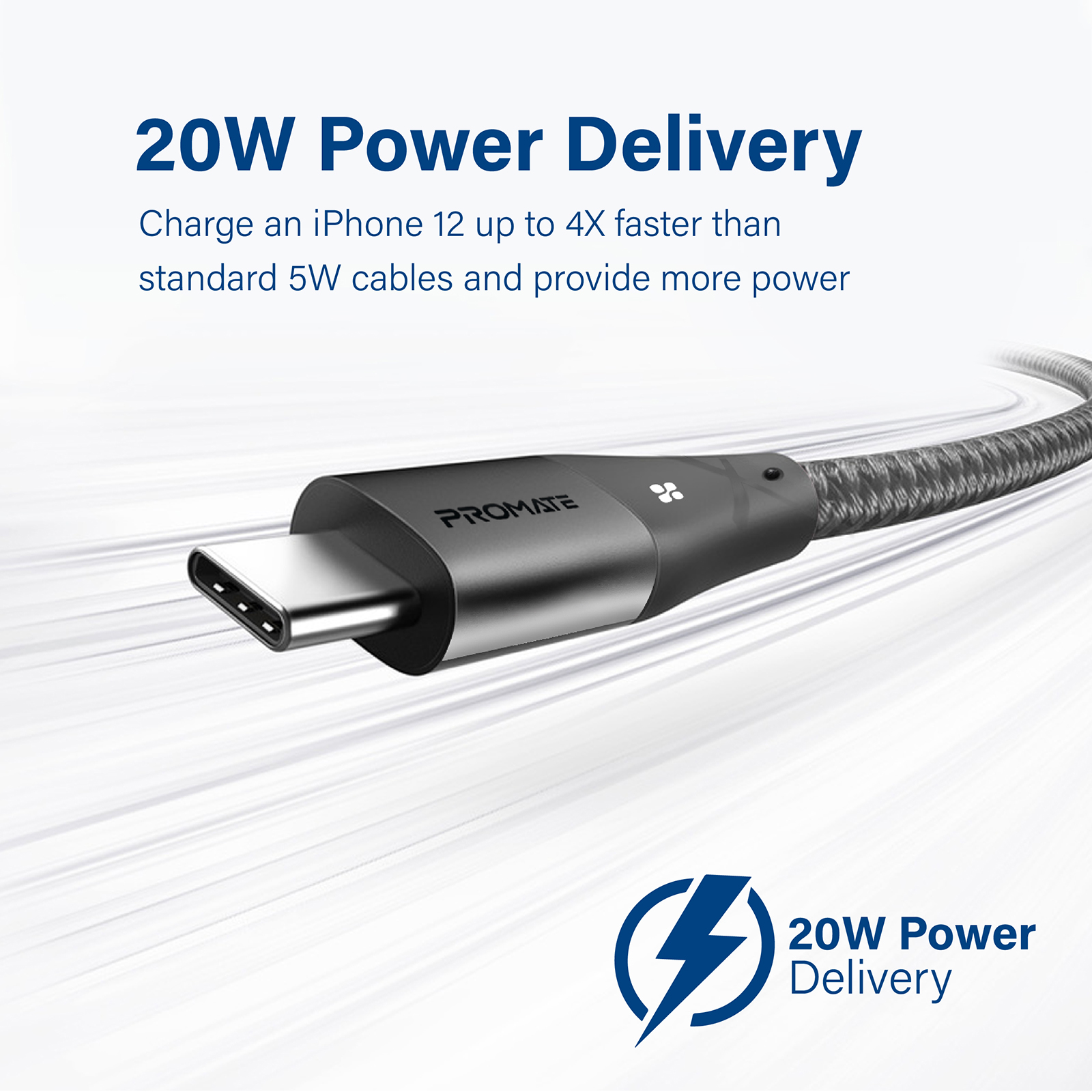 Cable USB-C con un extremo metálico, en ángulo, y un icono de rayo con el texto '20W Power Delivery'.