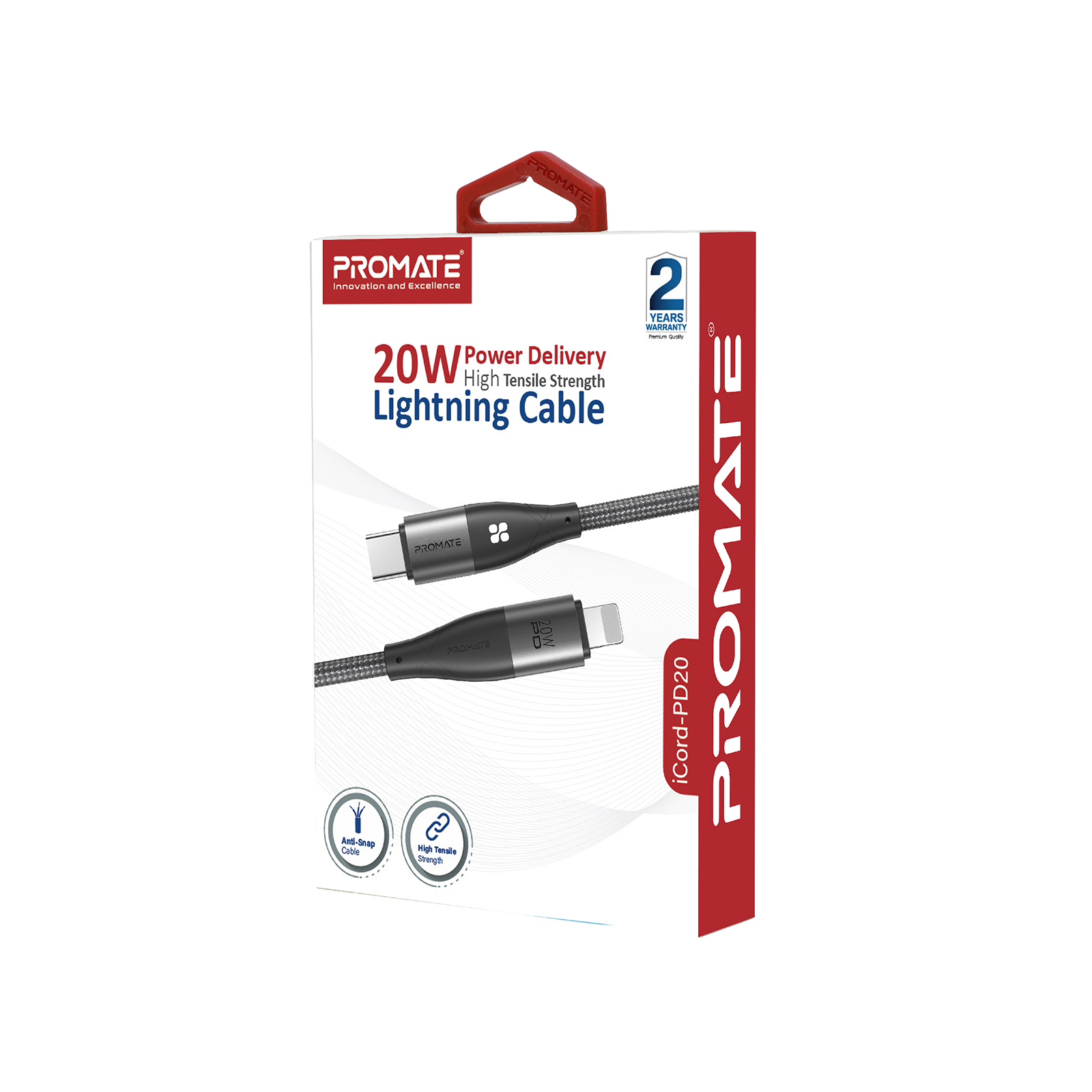 Caja de producto con cable de carga. Texto: 20W Power Delivery.
