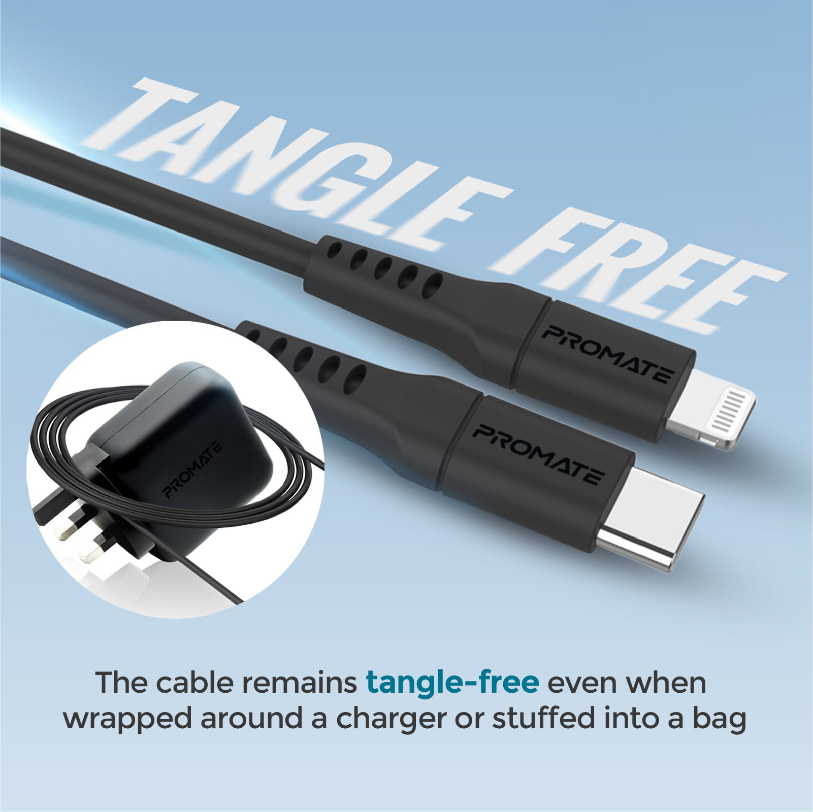 Cables Promate negros, con texto 'Tangle Free' en el fondo.
