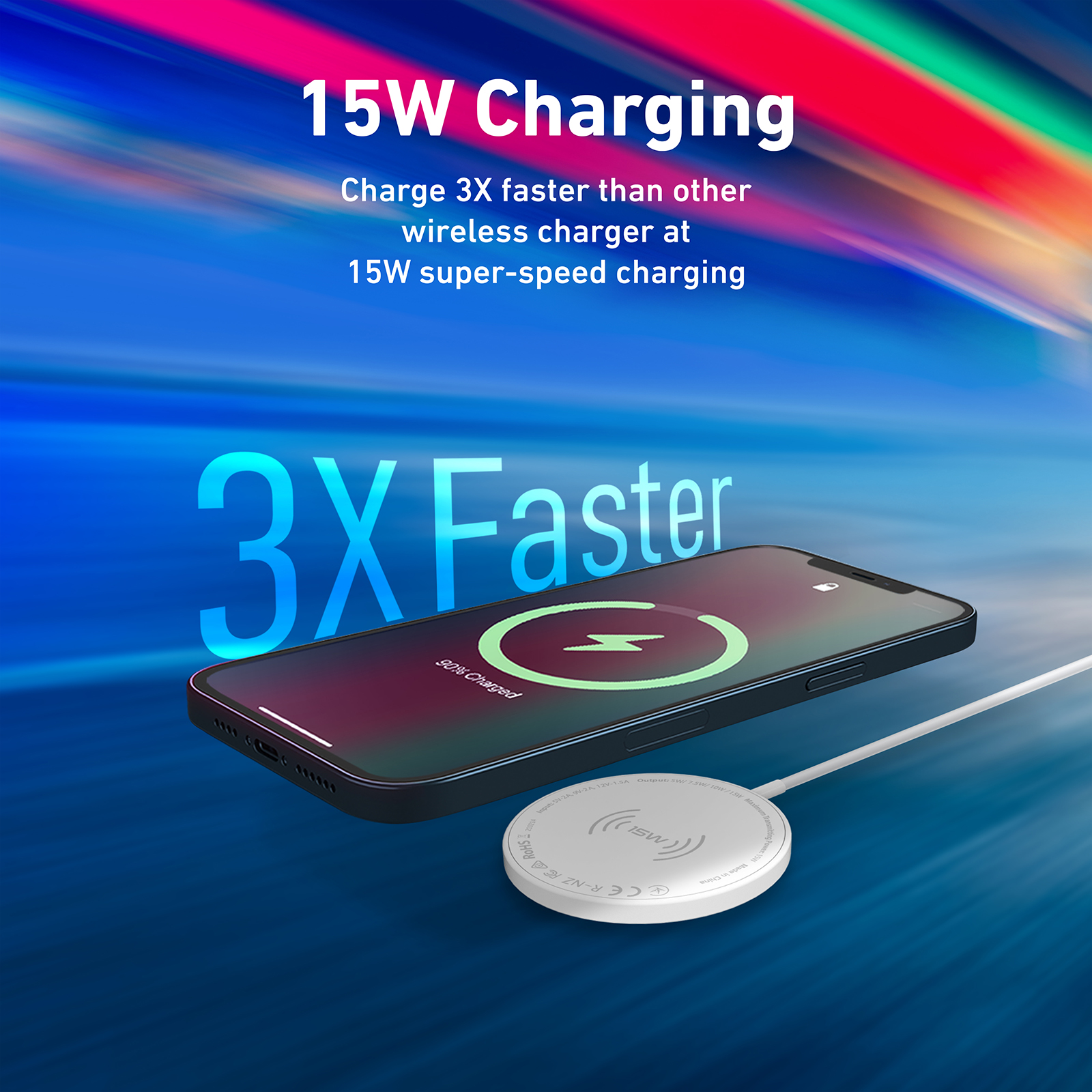 Teléfono cargando de forma inalámbrica, con una base de carga blanca. El texto muestra carga de 15W y una velocidad 3X más rápida.