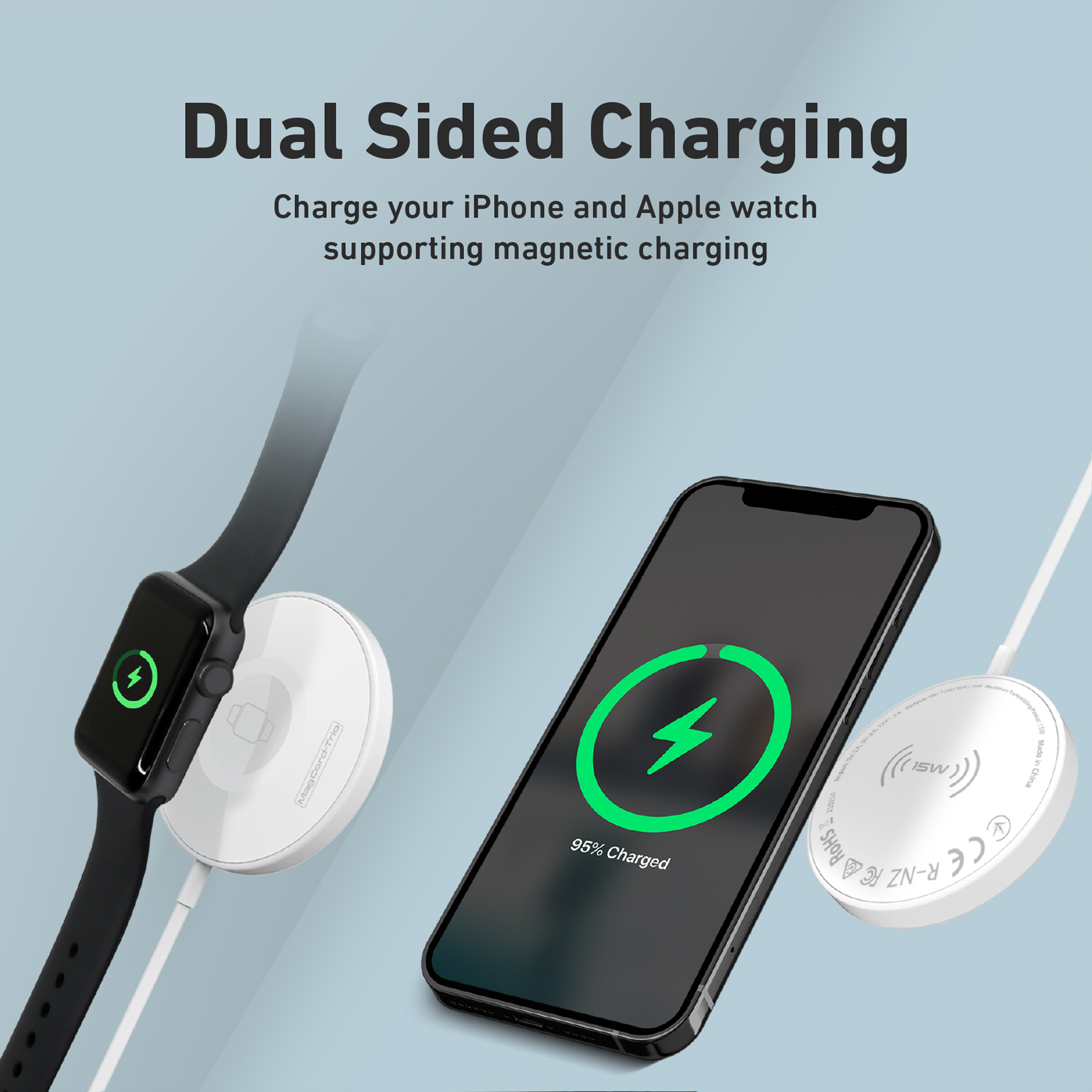 Dos bases de carga blancas con un teléfono que muestra 95% de carga y un Apple Watch cargando.