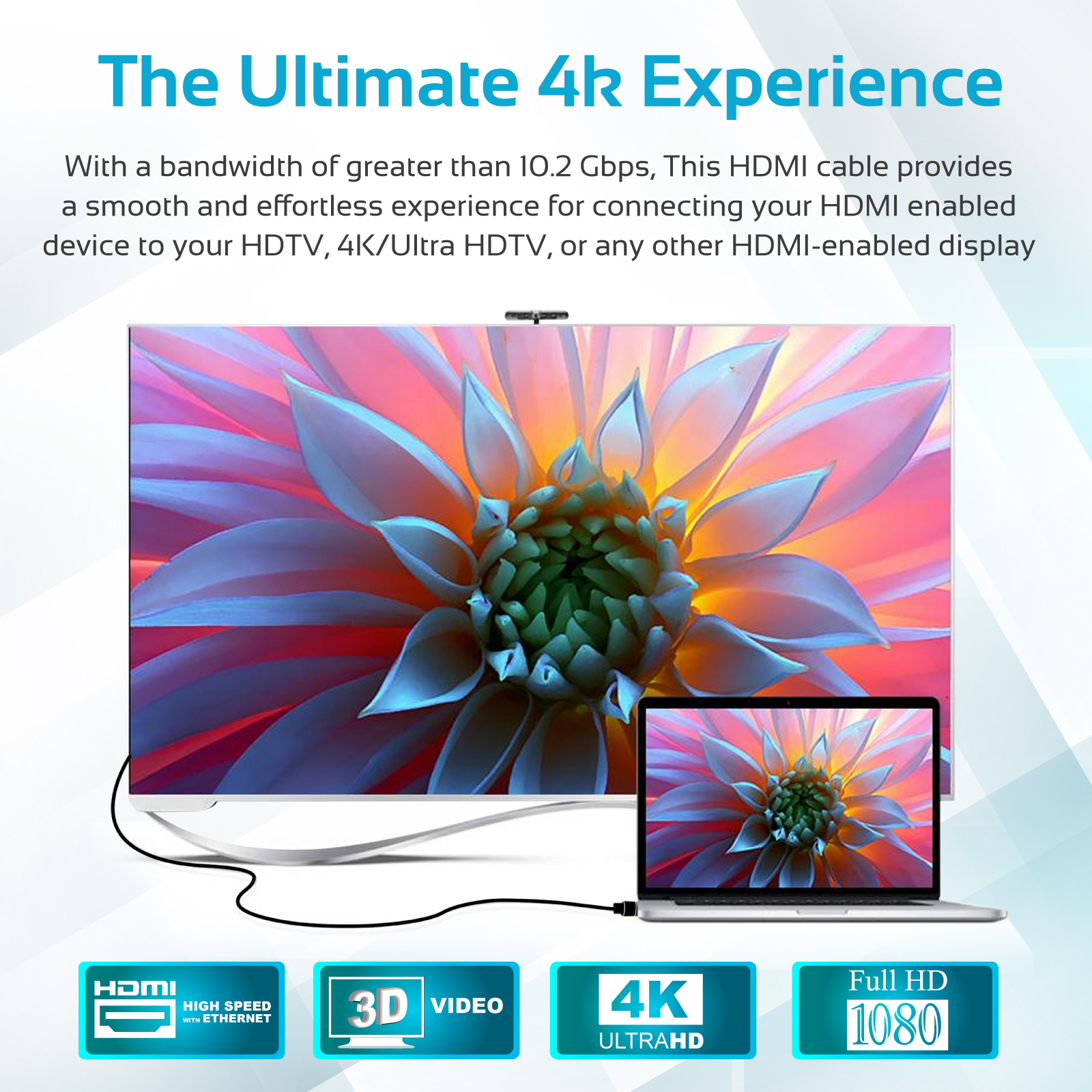 Una laptop está conectada a un televisor. La pantalla del televisor muestra una flor. Texto: "The Ultimate 4K Experience".