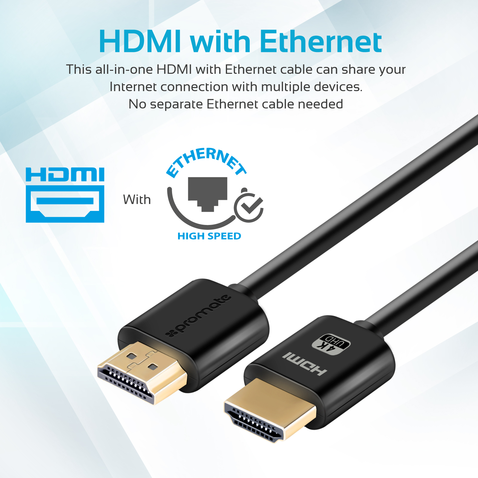 Dos cables HDMI negros con texto sobre Ethernet.