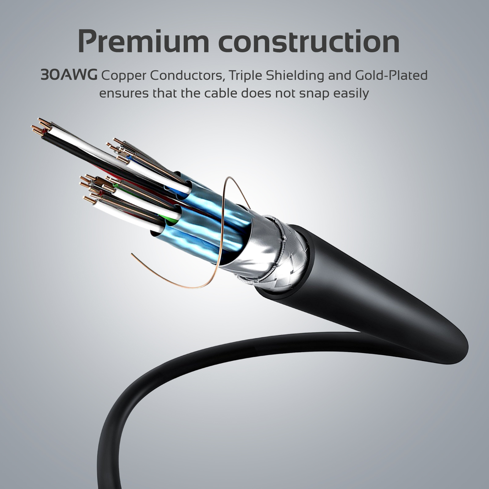 Primer plano de un cable con cables expuestos. Muestra conductores de cobre, triple blindaje y una capa exterior negra.