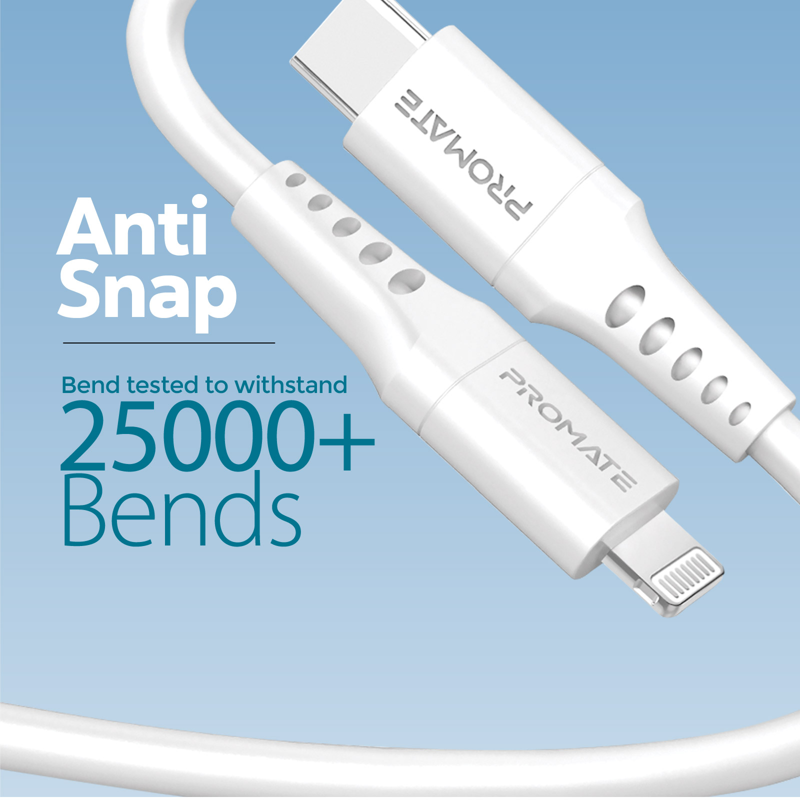 Un cable blanco con dos extremos. El cable tiene la palabra PROMATE en los conectores y el cuerpo.