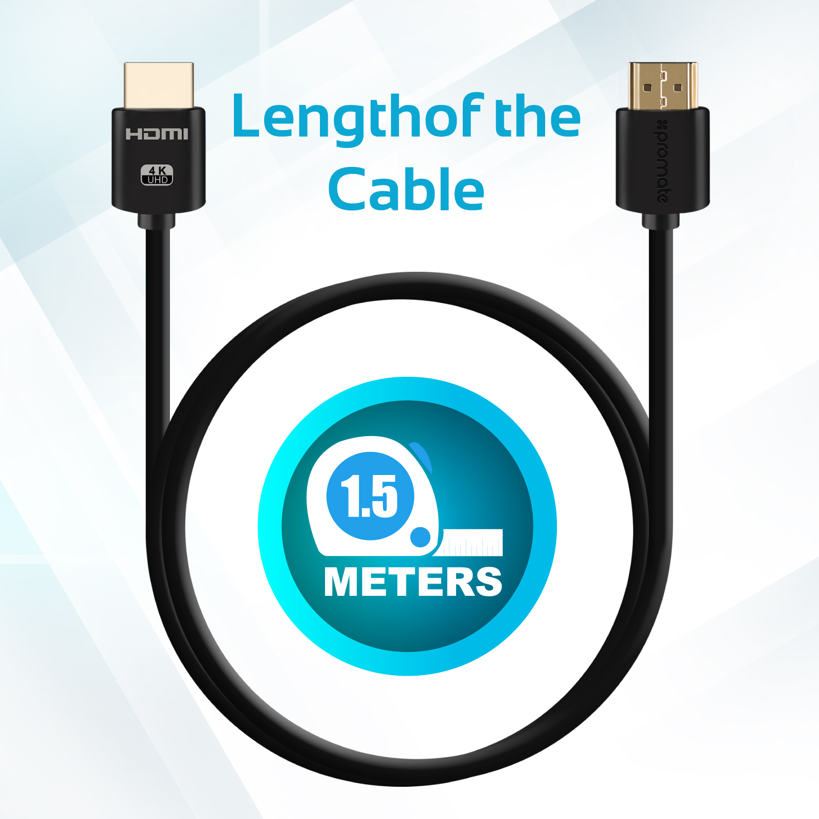 Cable HDMI negro con conectores en ambos extremos. Un círculo azul muestra 1,5 metros de longitud.