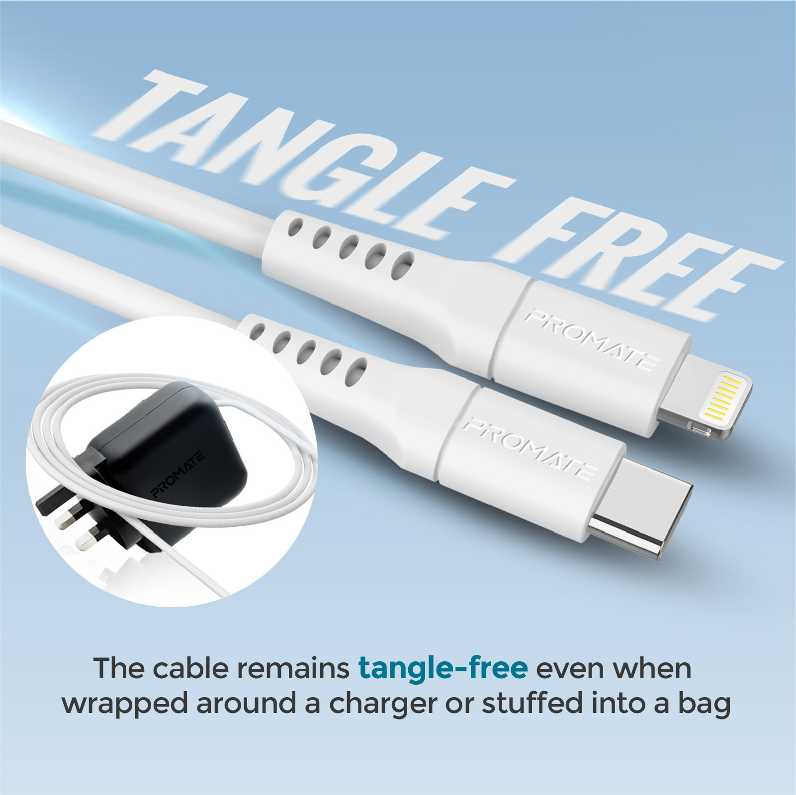 Cables de carga blancos y un cargador. El texto dice 'TANGLE FREE'.