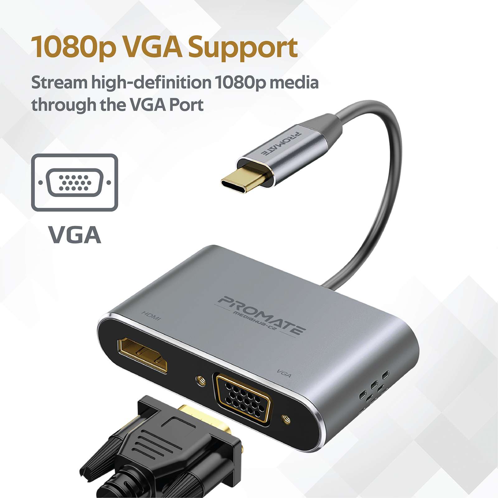 Un adaptador Promate gris con puertos HDMI, VGA y un cable USB-C conectado.