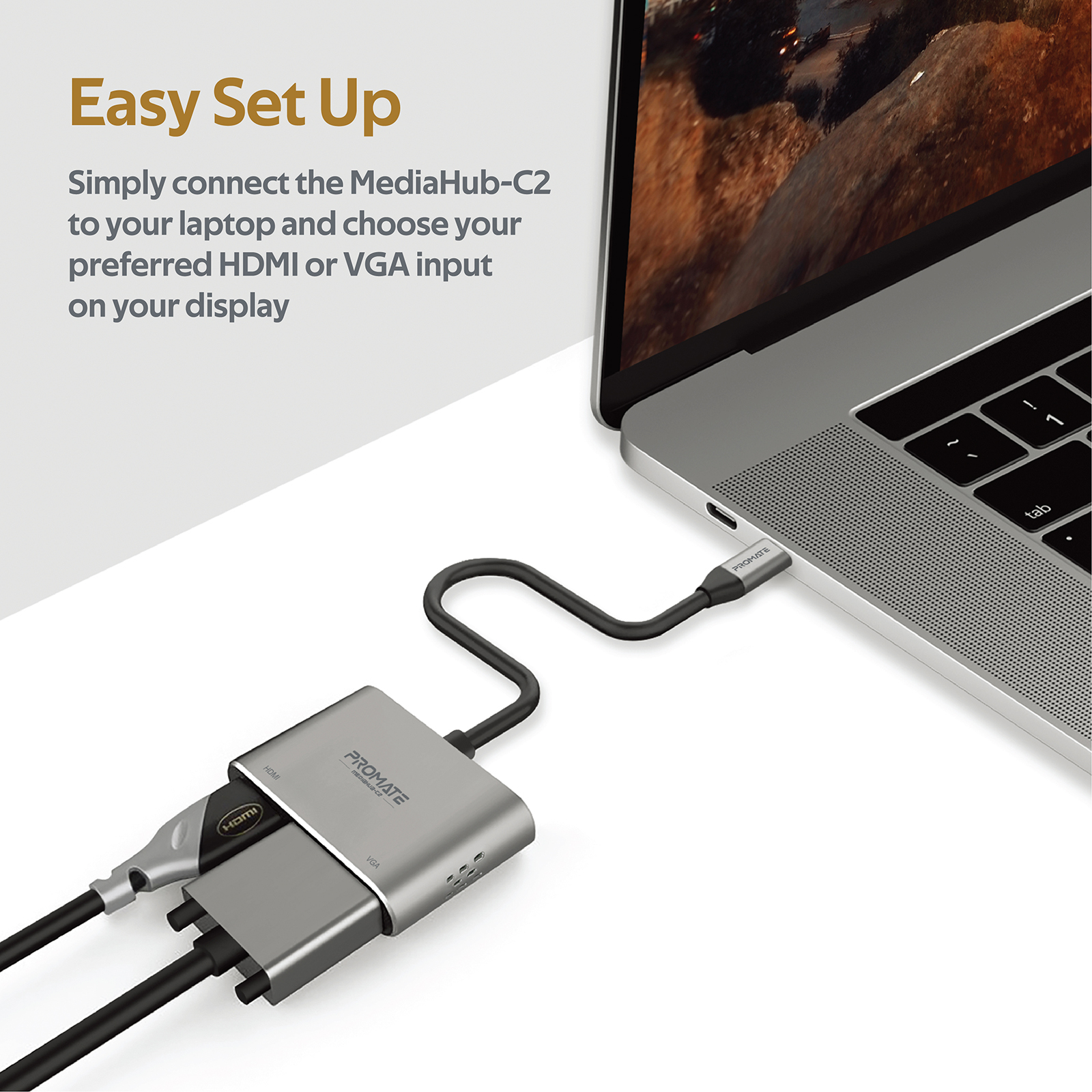 MediaHub-C2 plateado conectado a portátil con cables HDMI y VGA. Texto: Configuración fácil.