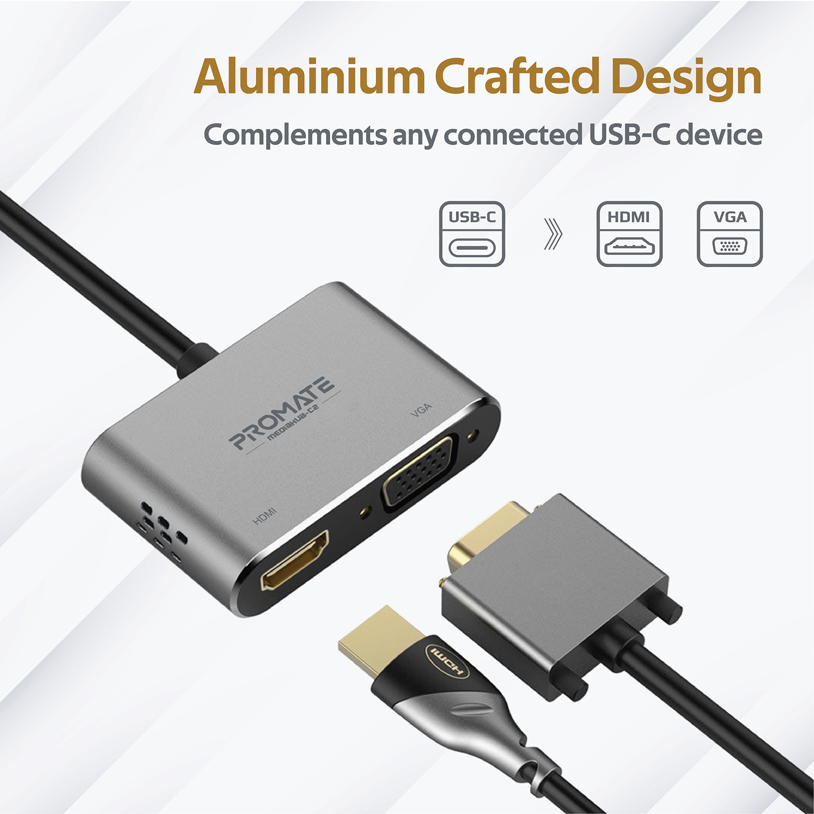 Adaptador plateado con puertos USB-C, HDMI y VGA. Cables al dispositivo. Texto: Diseño de aluminio.