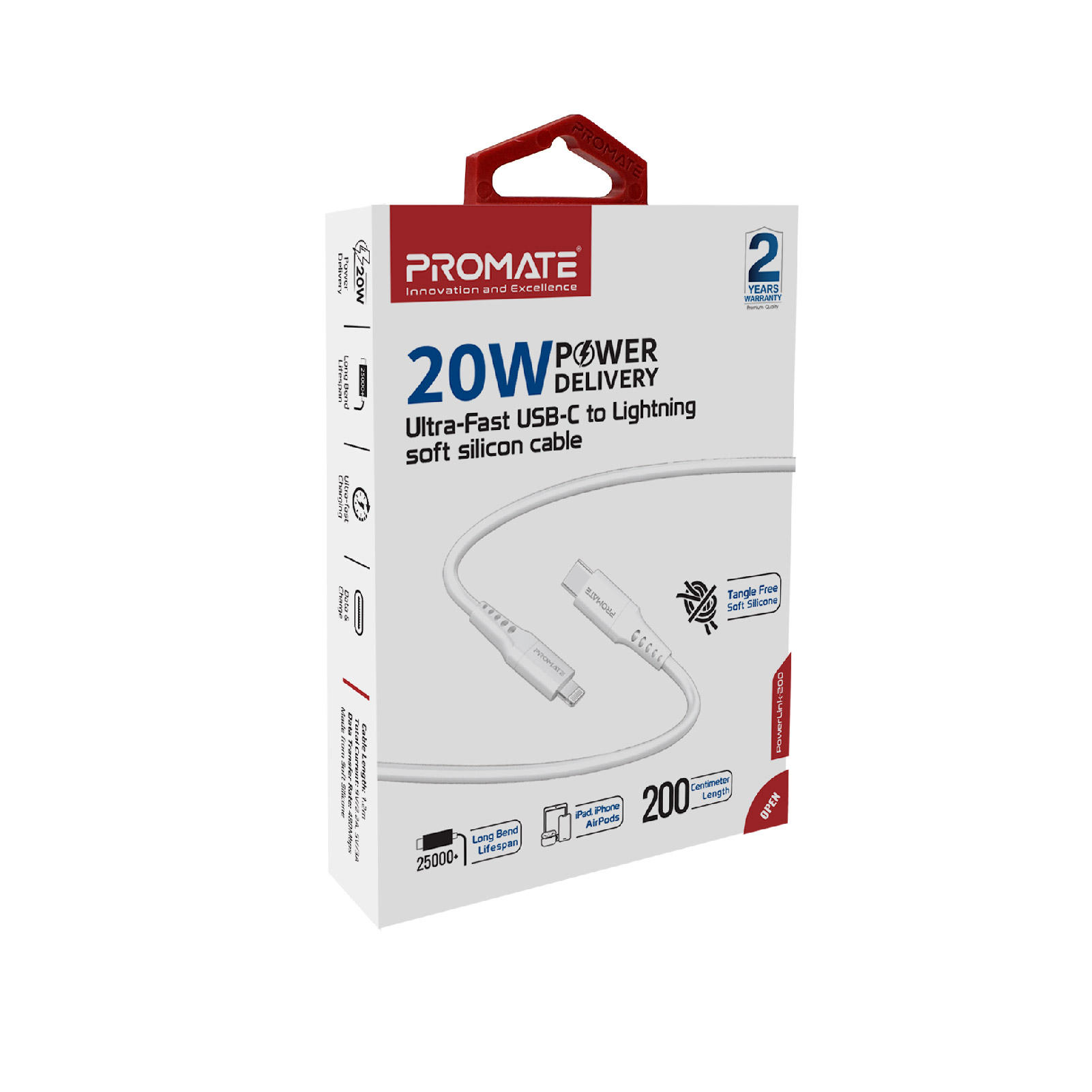 Una caja blanca con un cable representado. El texto dice: 20W Power Delivery.