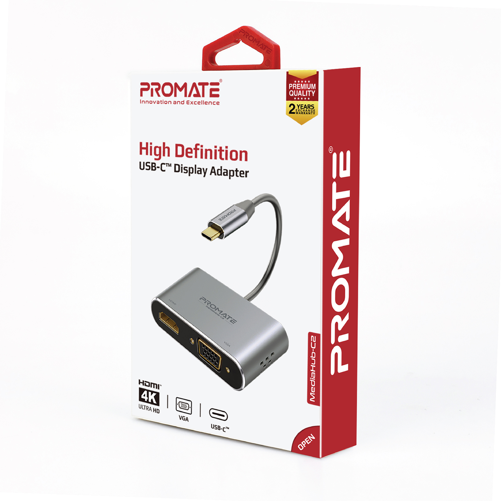 Caja de producto con adaptador de pantalla USB-C. Con puertos HDMI, VGA y USB-C.