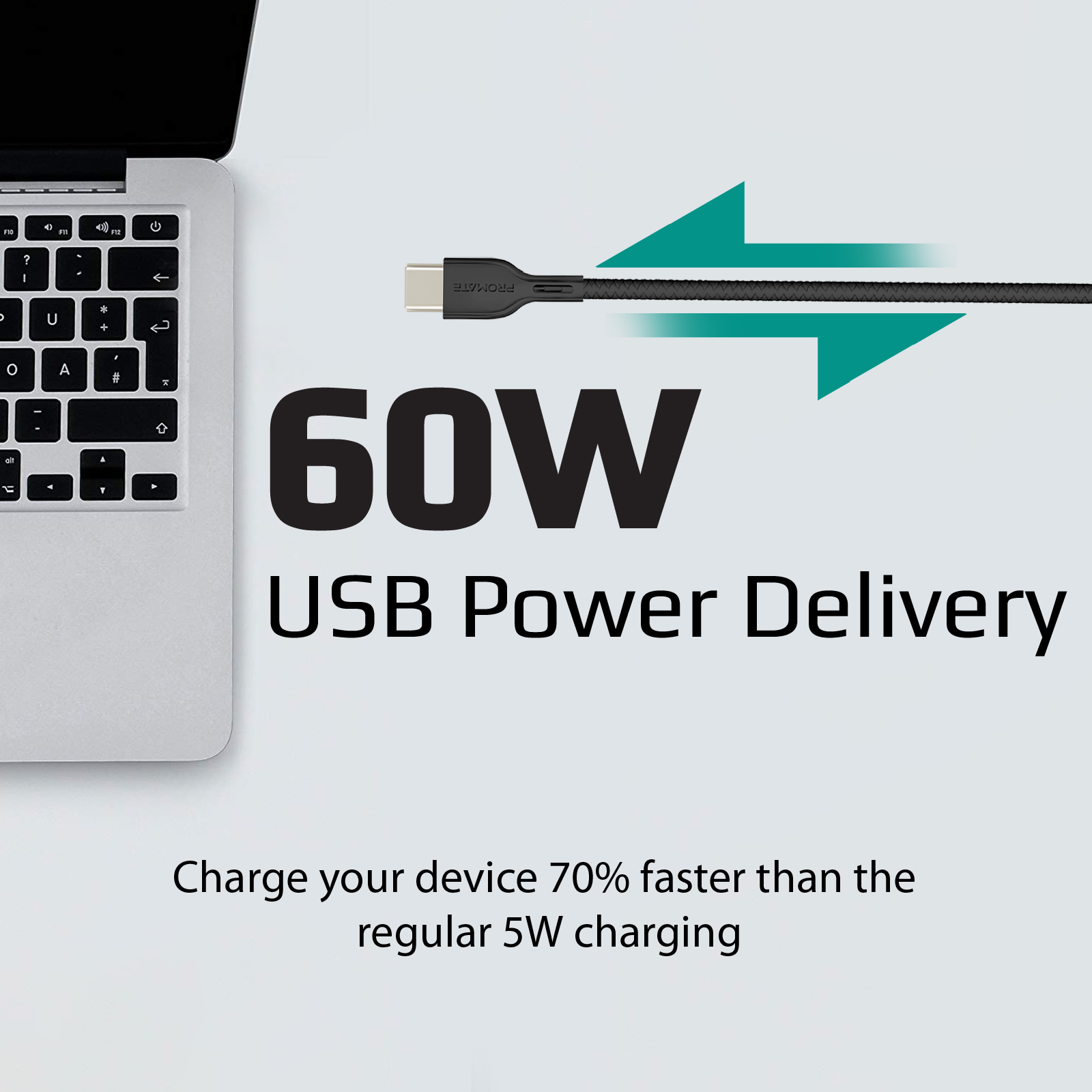 Cable de carga para portátil. Cable negro con conector USB-C. Texto: 60W USB Power Delivery.