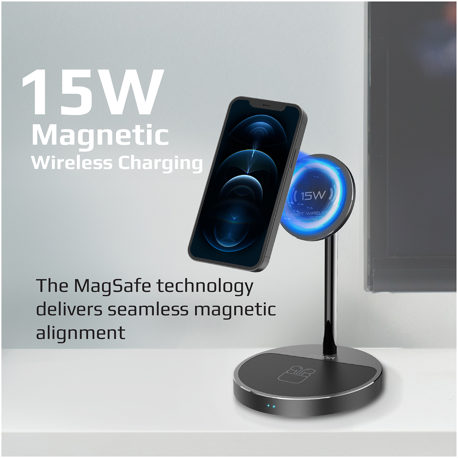 Cargador inalámbrico negro con teléfono. El teléfono muestra una pantalla. Carga de 15W. Base circular.