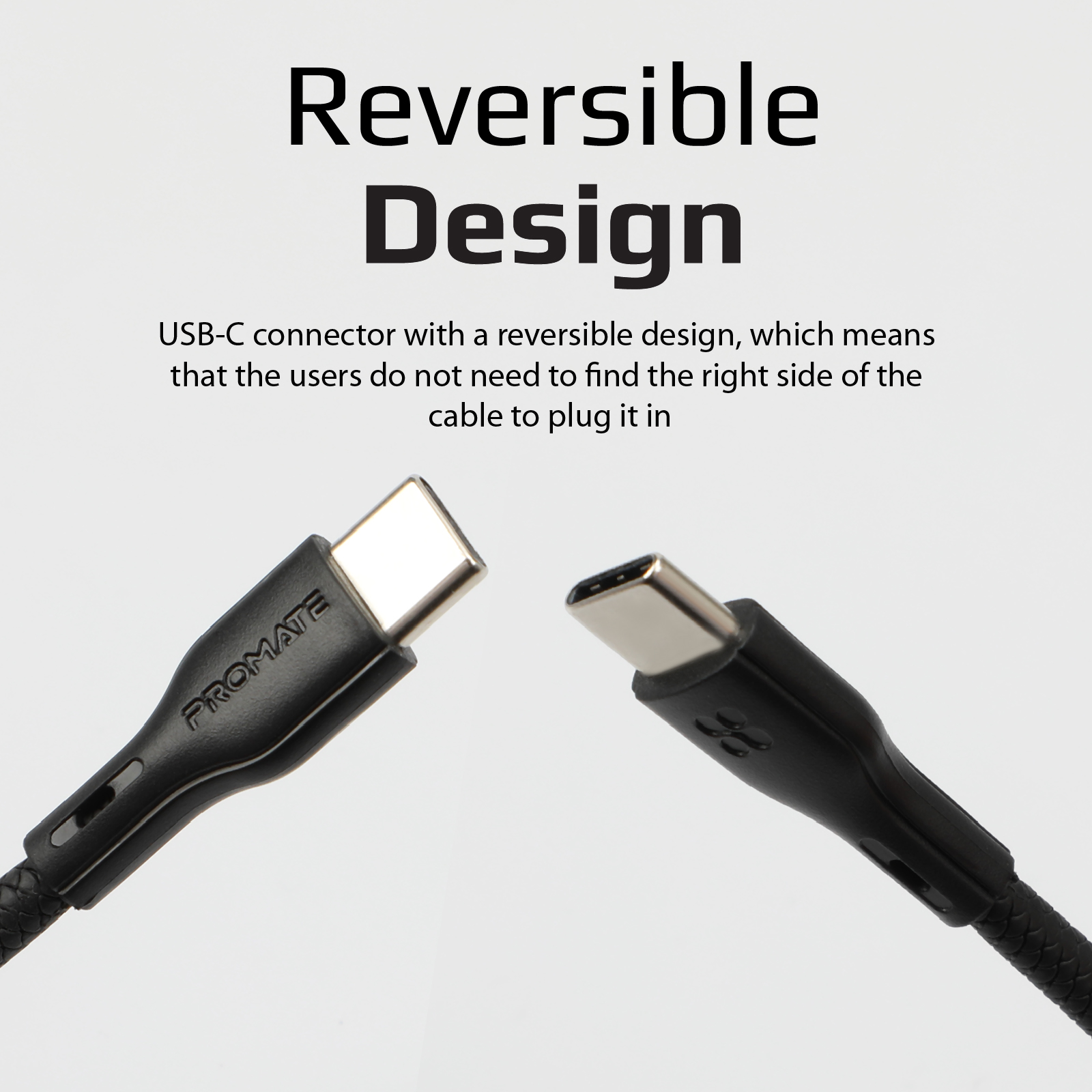 Cables USB-C negros, uno al lado del otro. Texto: Diseño reversible.