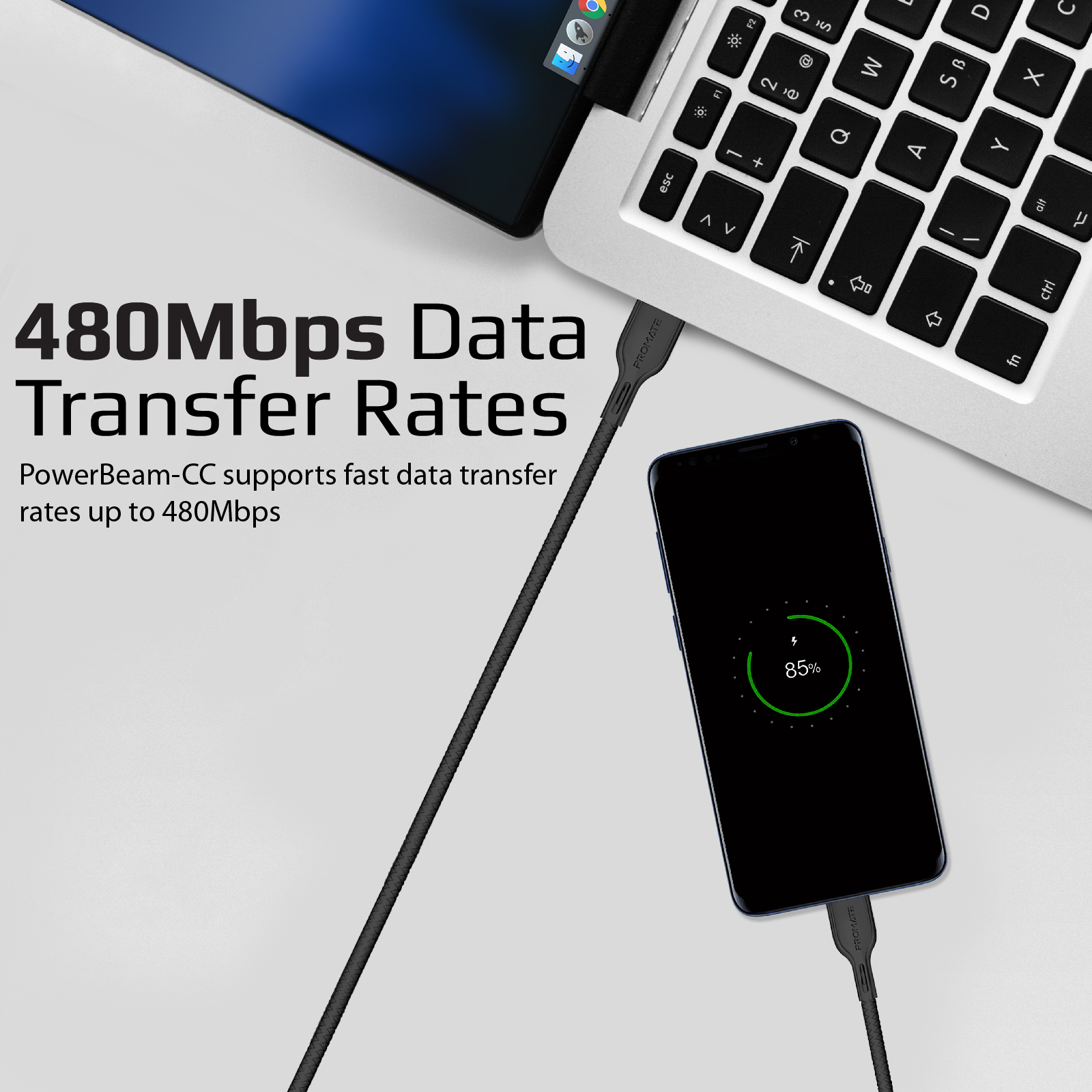 Carga de portátil y teléfono. El teléfono muestra un 85% de carga. Velocidades de transferencia hasta 480 Mbps.