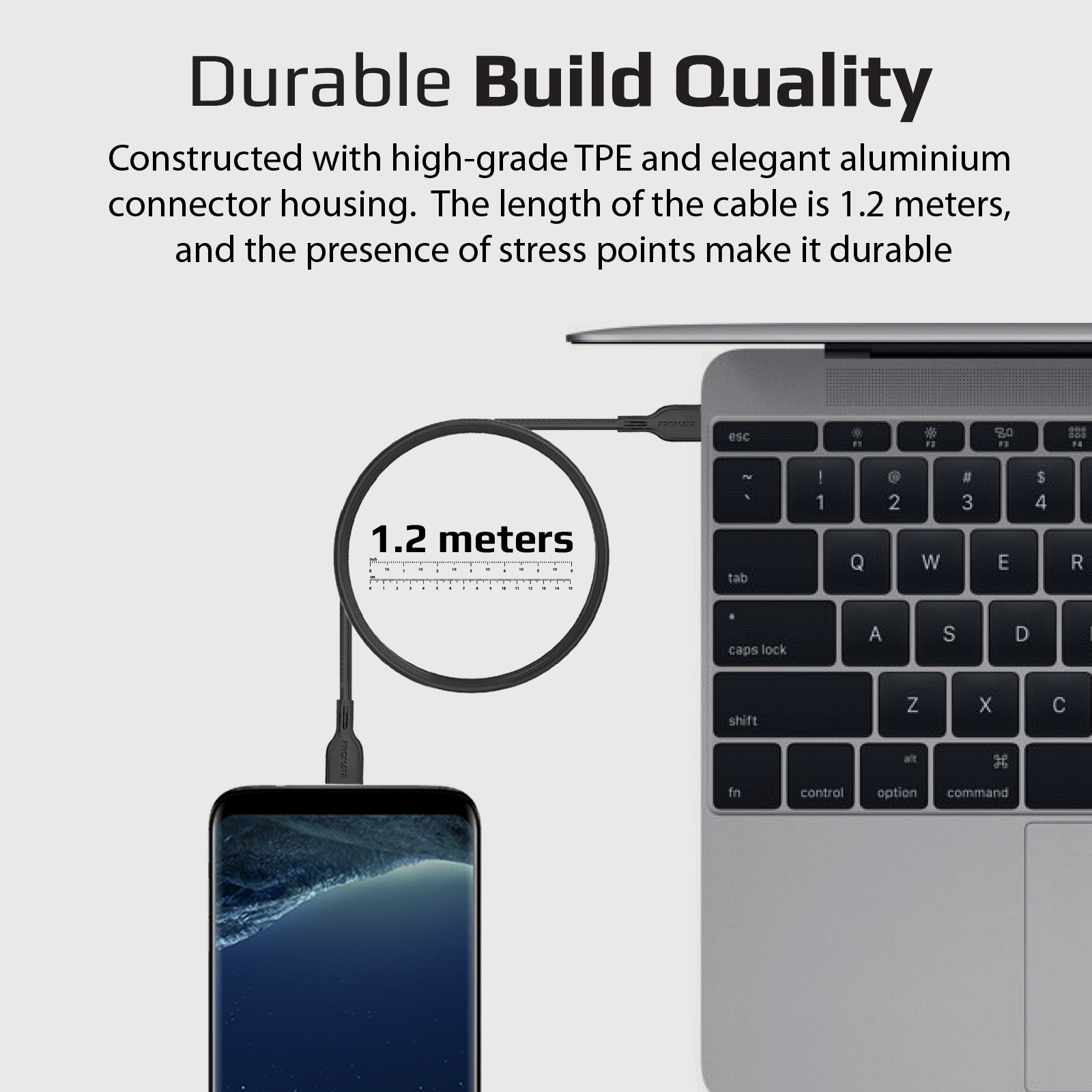 Cable negro conectado a un teléfono y portátil, con medición de 1,2 metros.