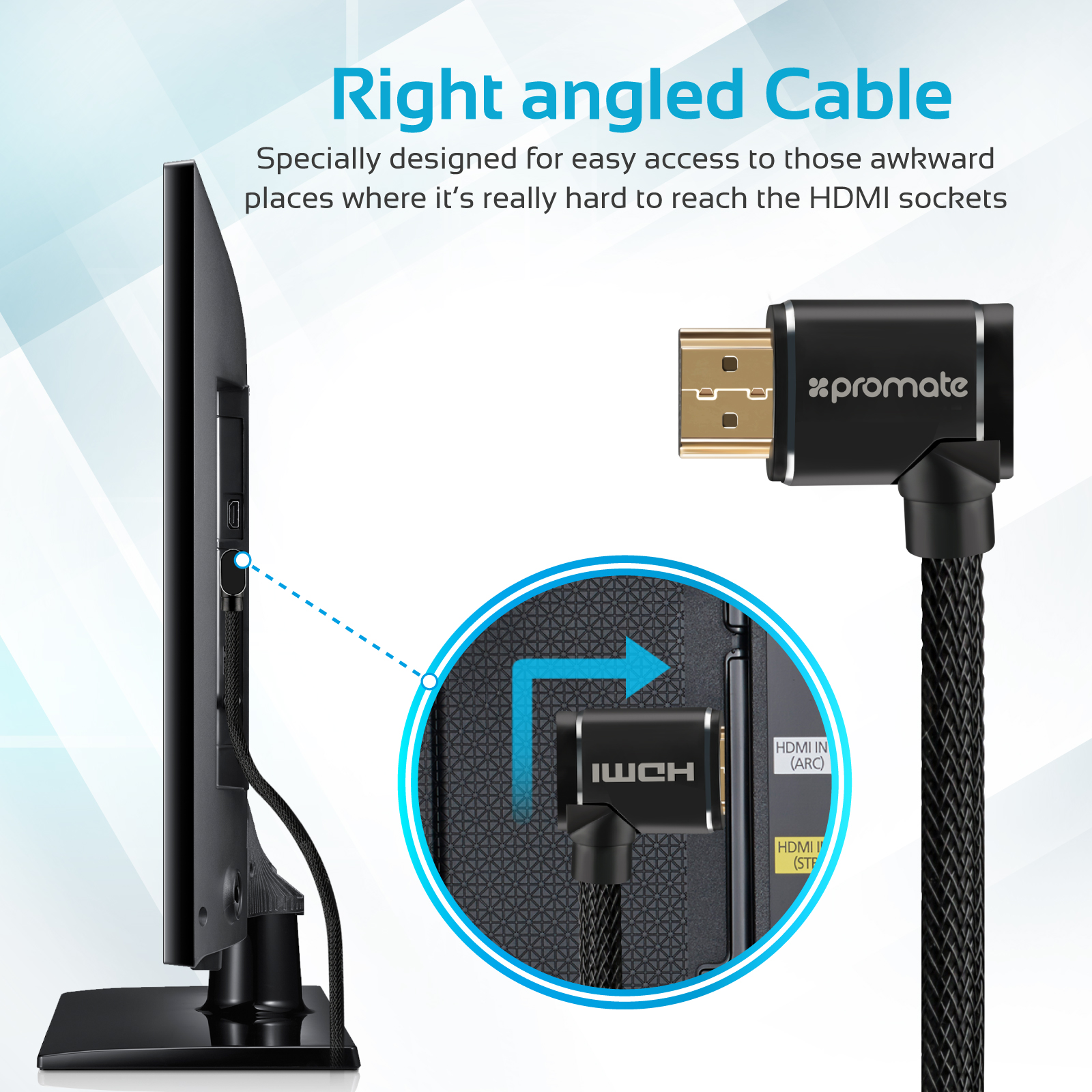 Cable HDMI negro conectado a un televisor. Texto: 'Right angled Cable'.