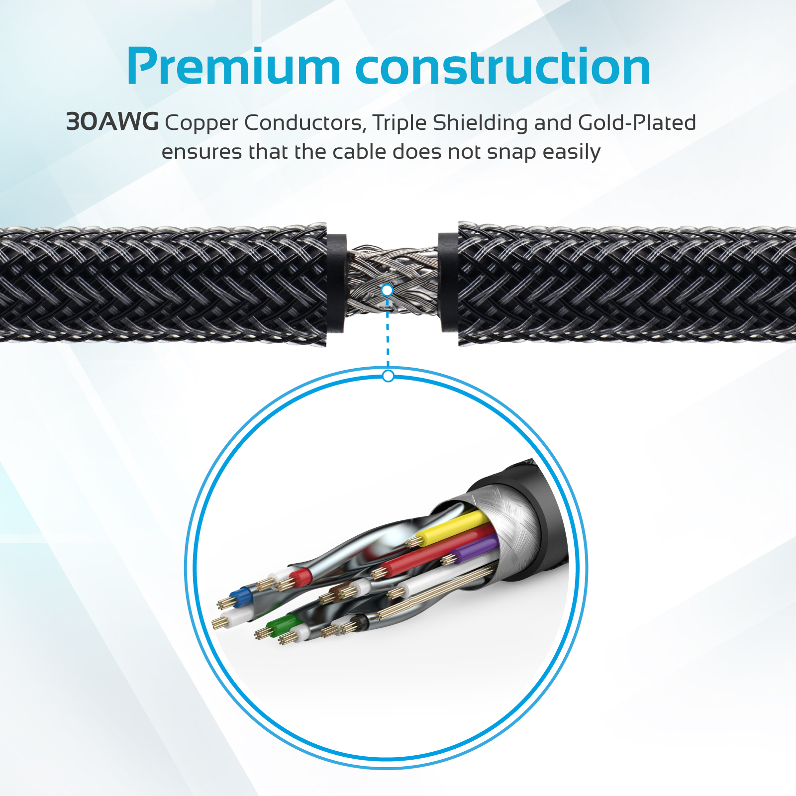 Primer plano de un cable con cables expuestos y un círculo azul alrededor de la sección cortada.