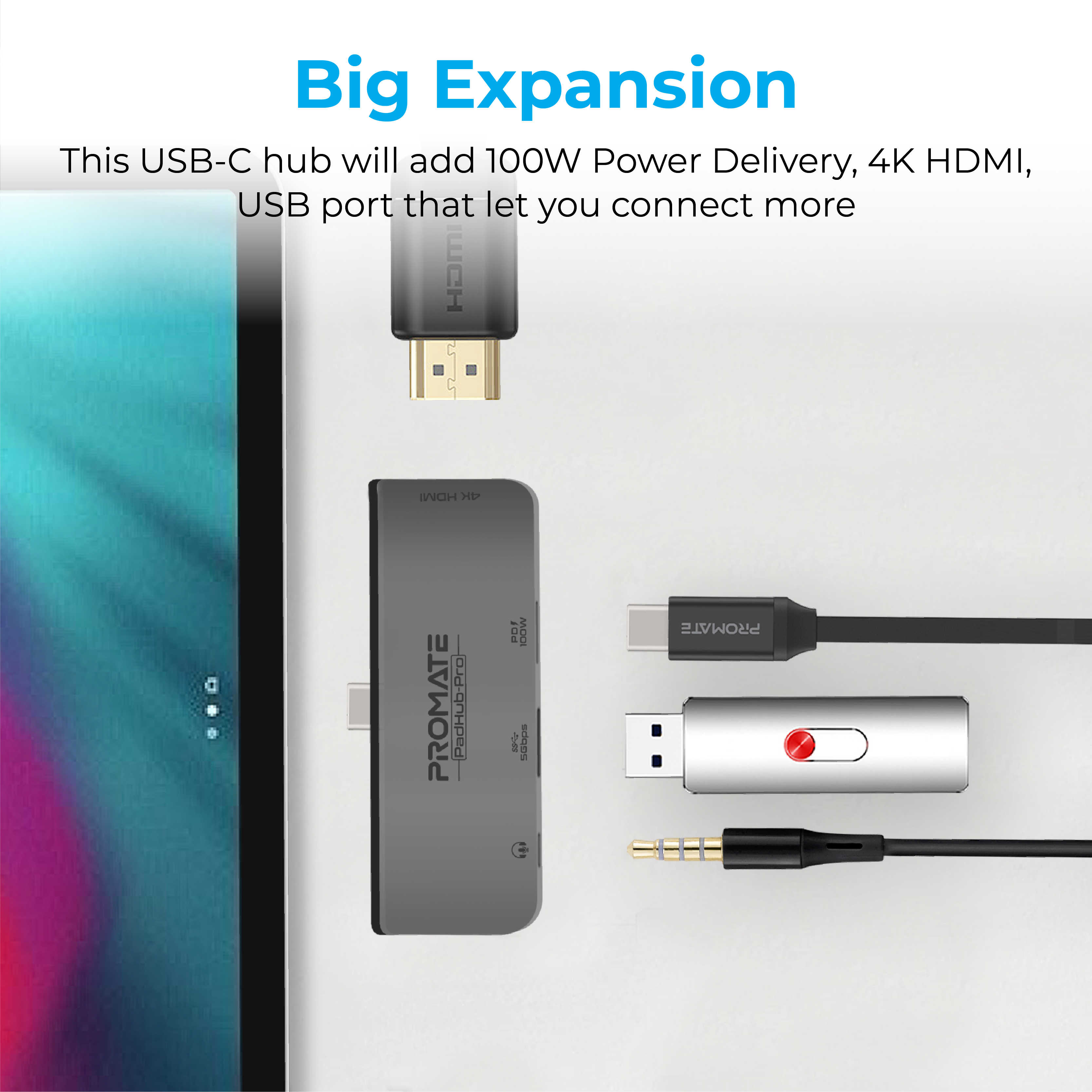 Concentrador USB-C con múltiples puertos, incluyendo HDMI y USB, con cables sobre mesa.