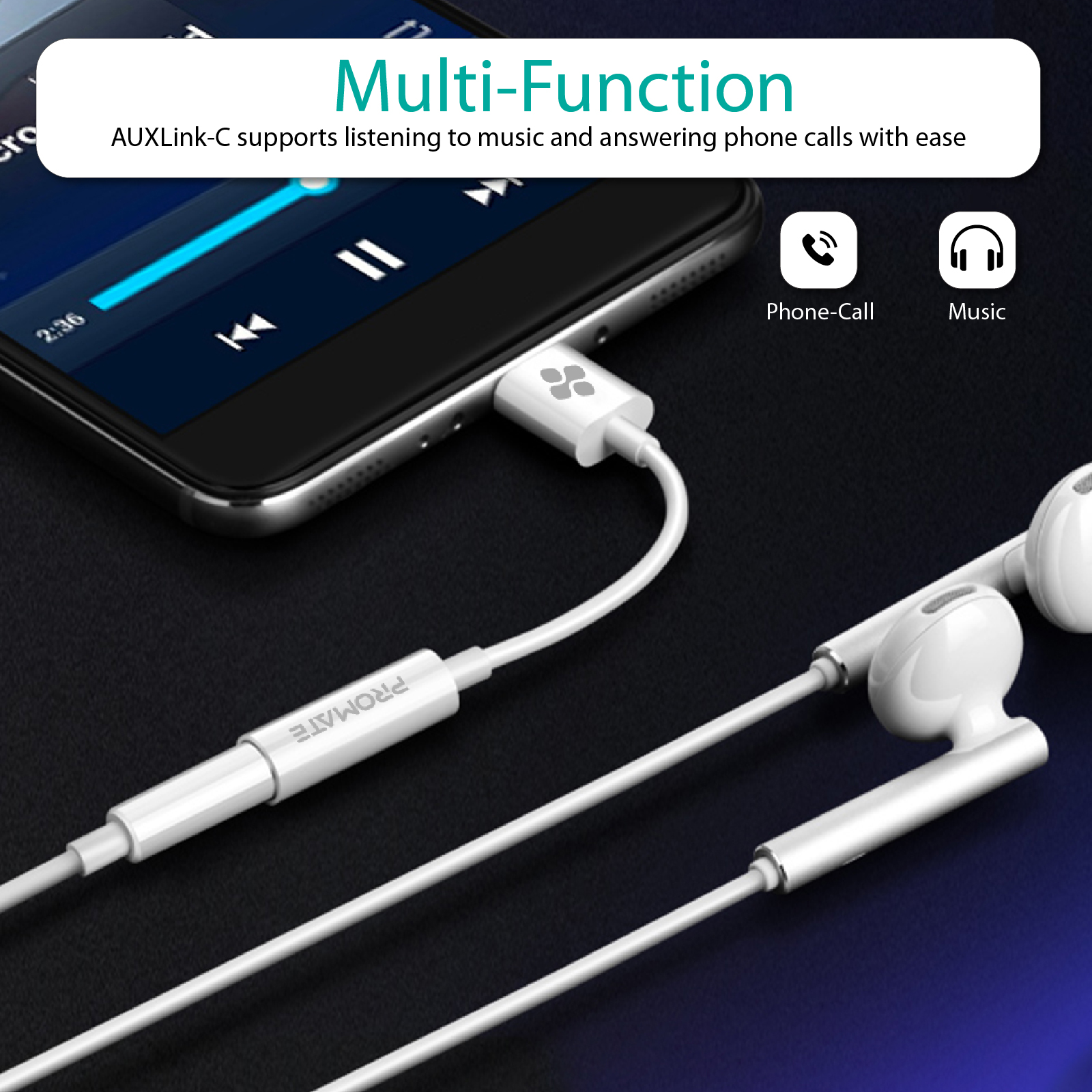 Un teléfono conectado a un cable AUX y auriculares, resaltando la multifuncionalidad para música y llamadas.
