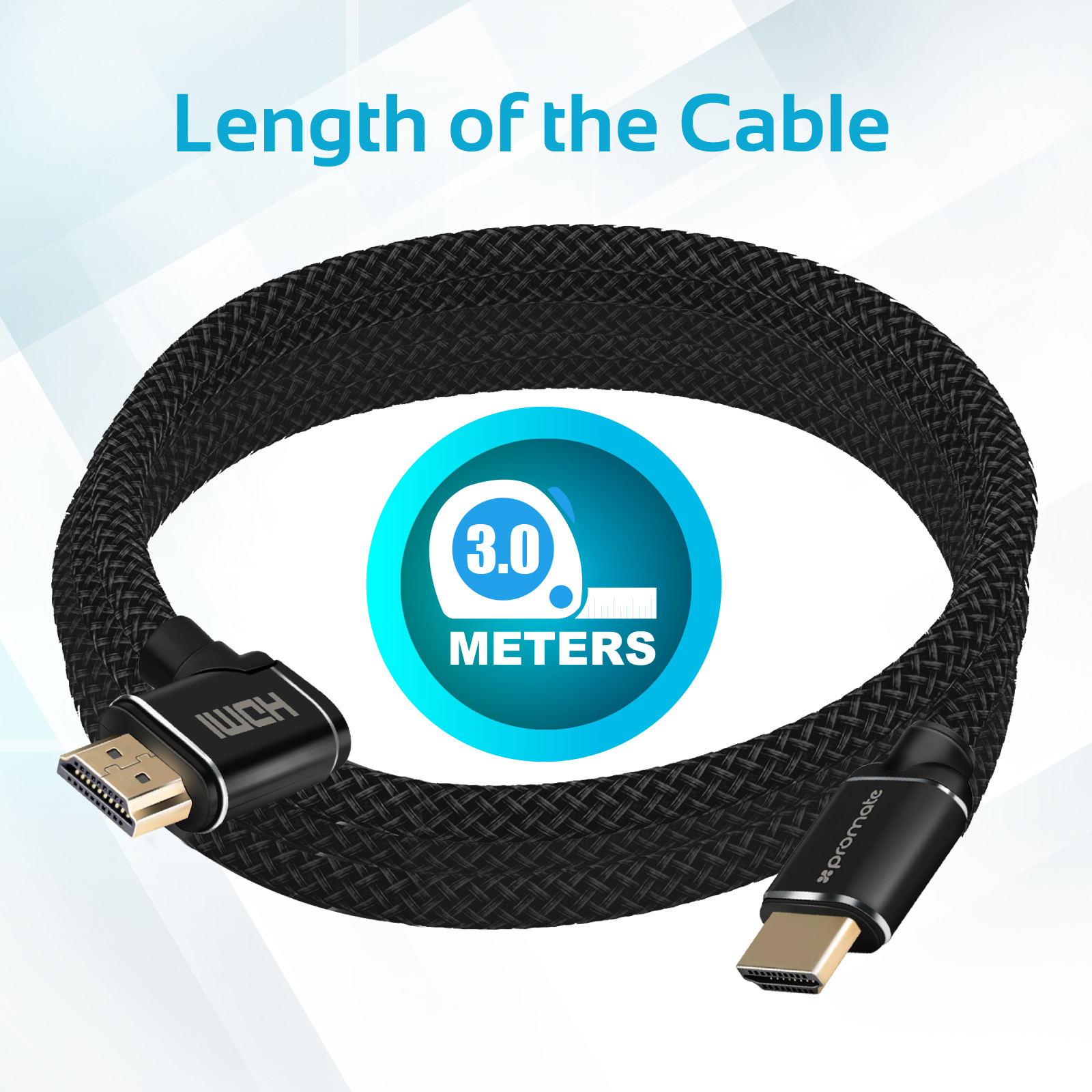 Un cable HDMI negro con conectores en cada extremo y texto sobre su longitud de 3 metros.