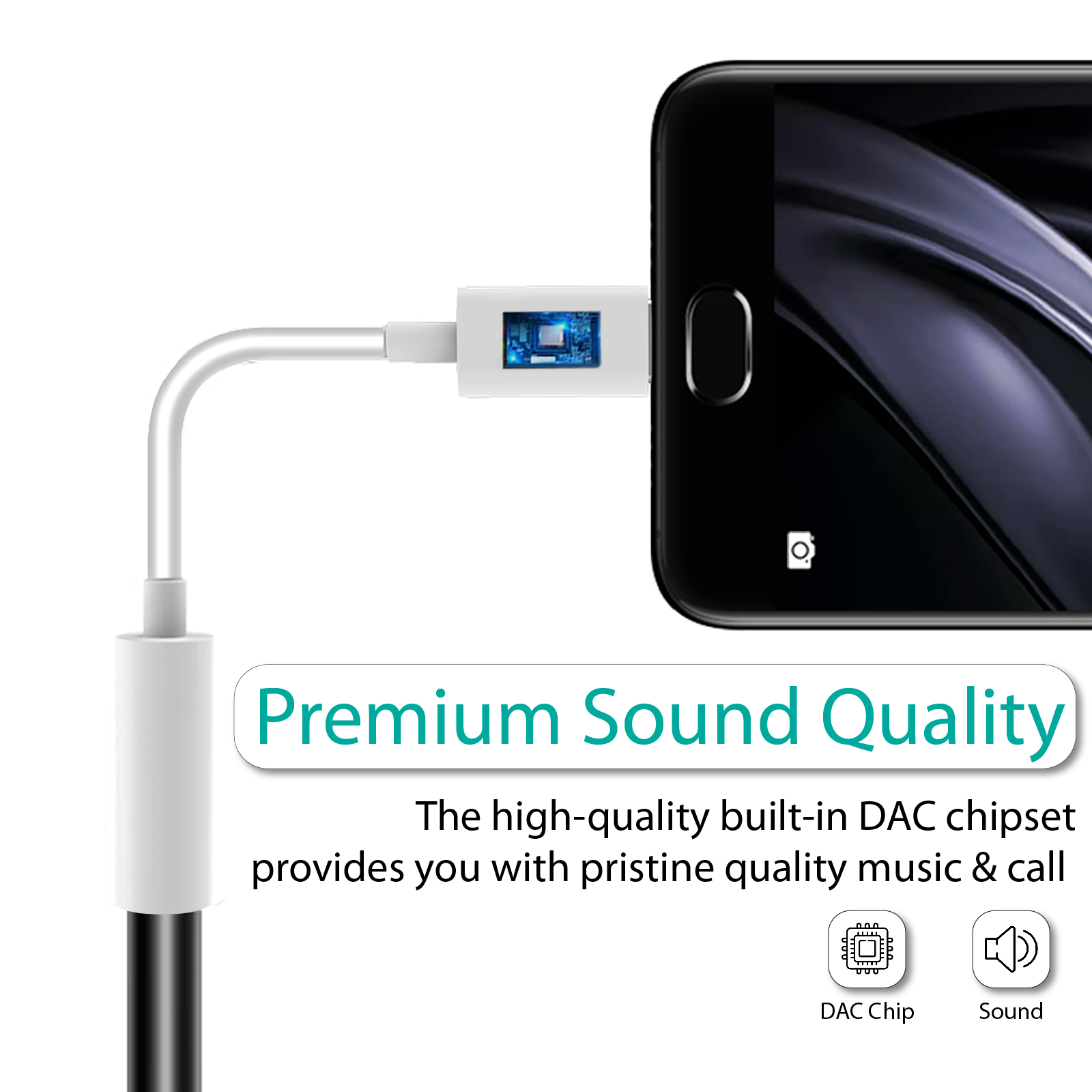 Smartphone conectado a un cable blanco con un chip DAC para una calidad de sonido superior.